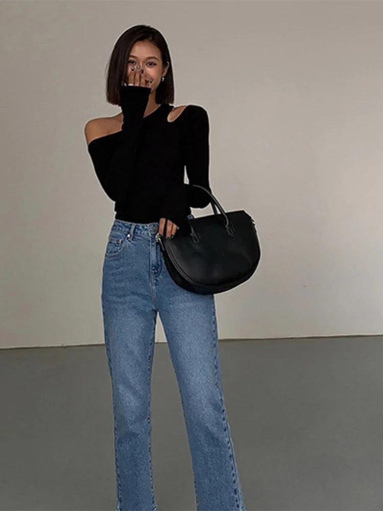 Women's Sexy Off Shoulder Long Sleeve Crop Top - Slim Fit Hollow Out T-Shirt for Spring | Fashion Solid Color Tee for Date Night & Party Outfits