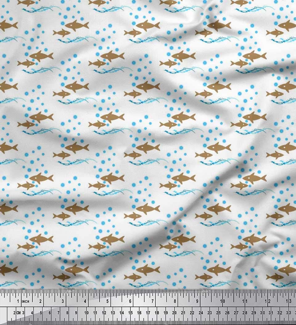 Soimoi 42 Inch Wide Silk Brown Fabric by The Yard - Ocean Waves, Bubbles & Fish Pattern Printed Material for Home Decor, DIY Projects, and Fashion Design