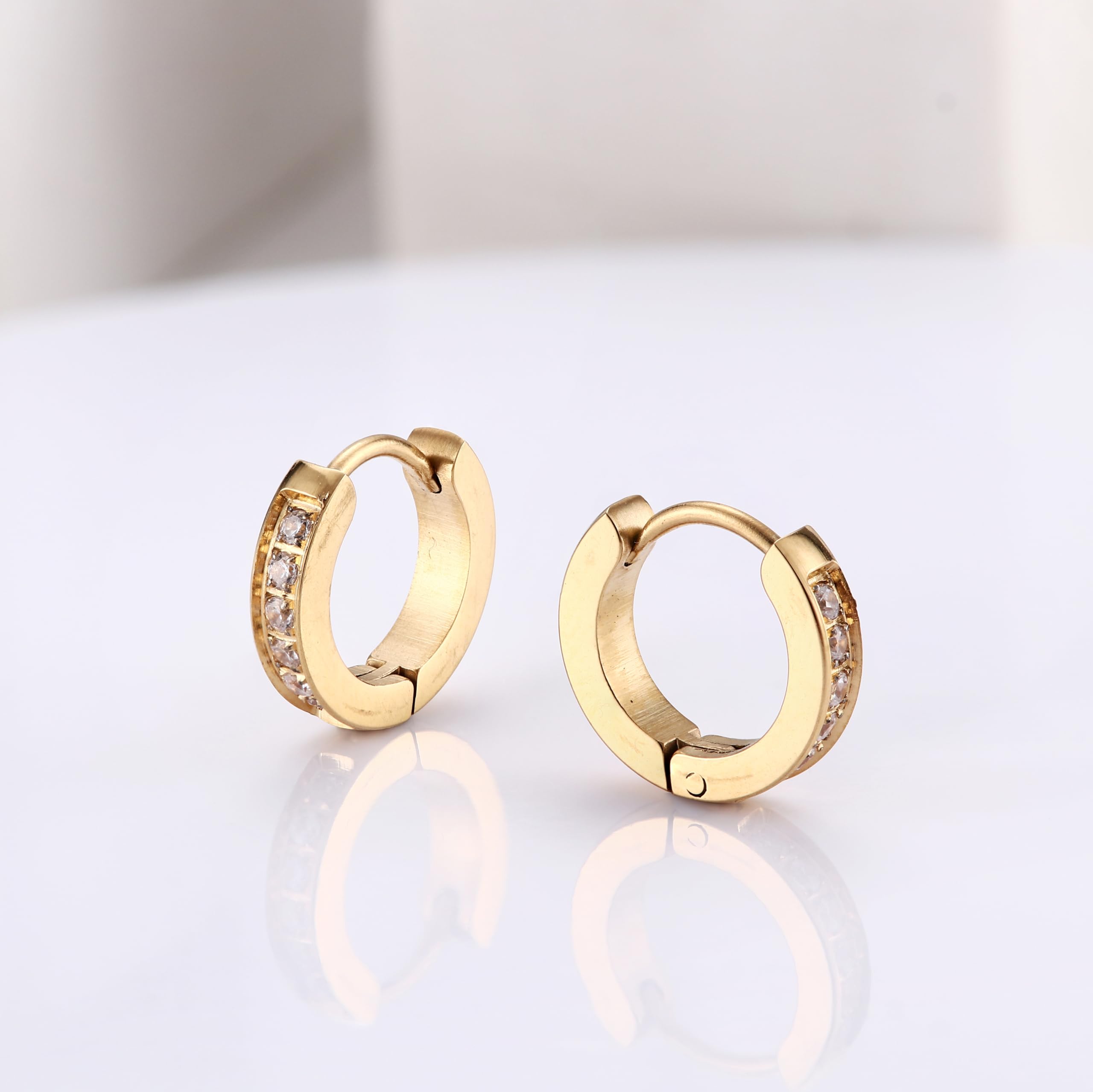 FIBO STEEL 13MM 20MM Stainless Steel Small Hoop Earrings for Men & Women - Huggie Earrings with CZ Inlaid - Perfect for Everyday Wear, Gifts & Special Occasions