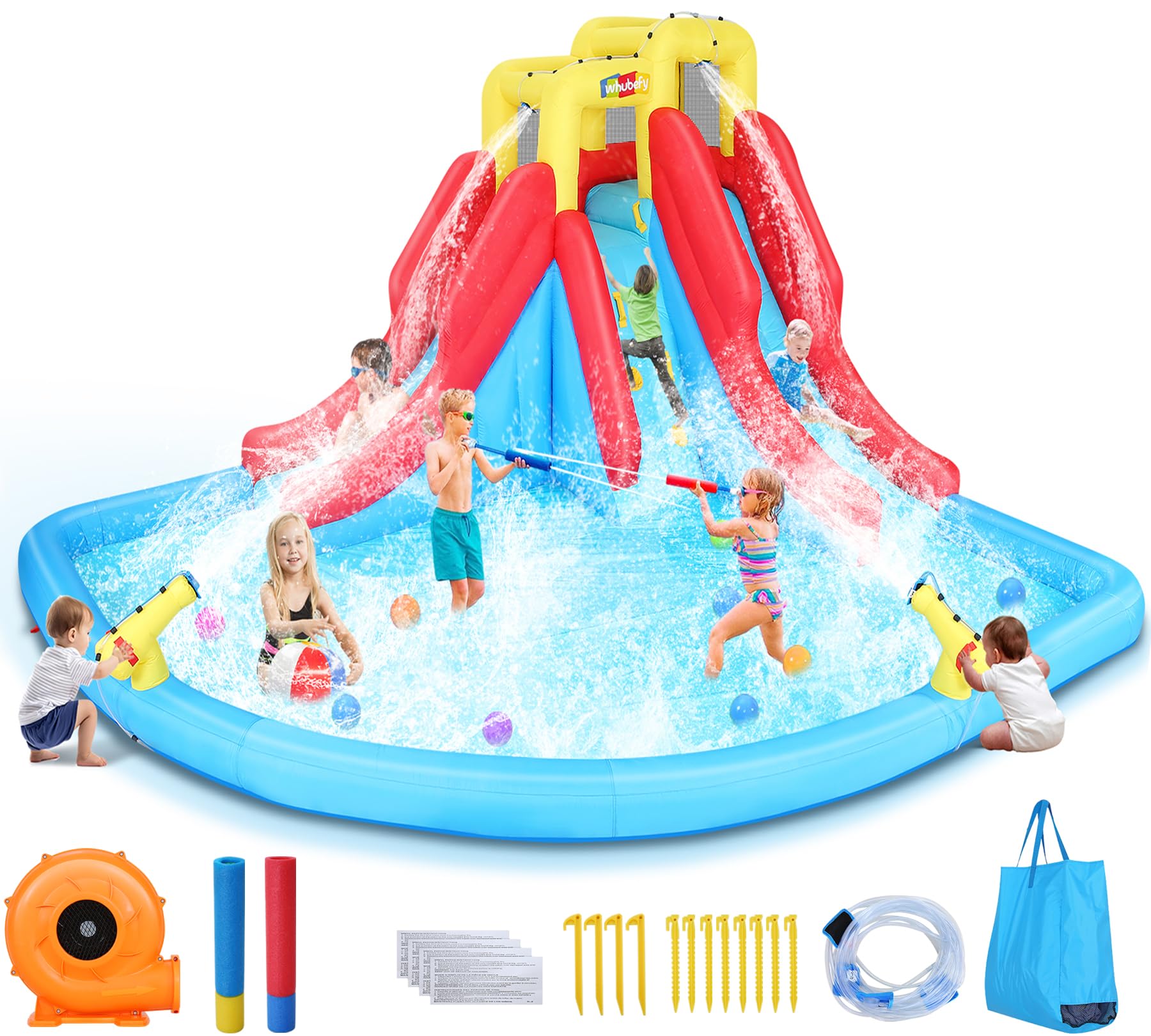 Whubefy Double Drench Inflatable Water Slide 14.5 x 12.7 x 7.5 FT - Heavy-Duty Backyard Water Park with Blower, 2 Slides, Climbing Wall, Giant Splash Pool & 2 Water Cannons for Kids & Adults - Perfect for Summer Parties, Family Fun & Outdoor Water Activities