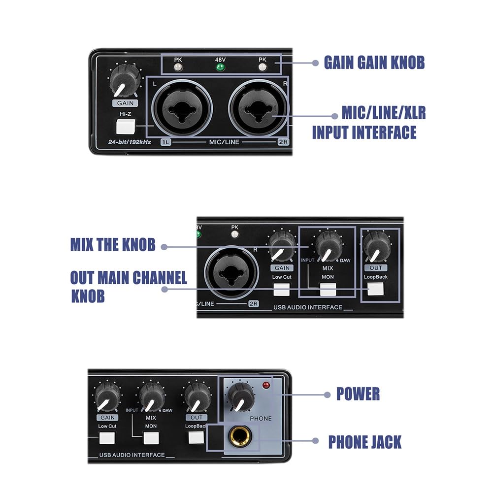 Professional Audio Interface Sound Card with Phantom Power for Electric Guitar - Studio Mixing Console, Live Recording, Durable & Easy to Install - Perfect for Home Studios, Podcasting, and Music Production