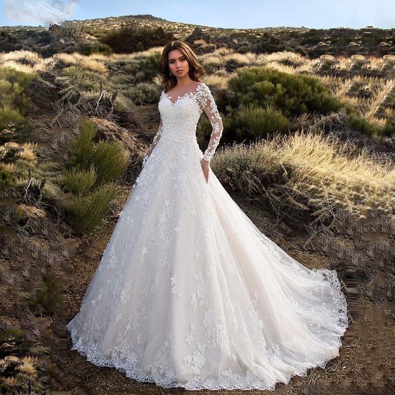 2025 New Women's Long Sleeve Lace Wedding Dress - Elegant Solid Color Bridal Gown for Bride, Church Ceremony & Romantic Photoshoot