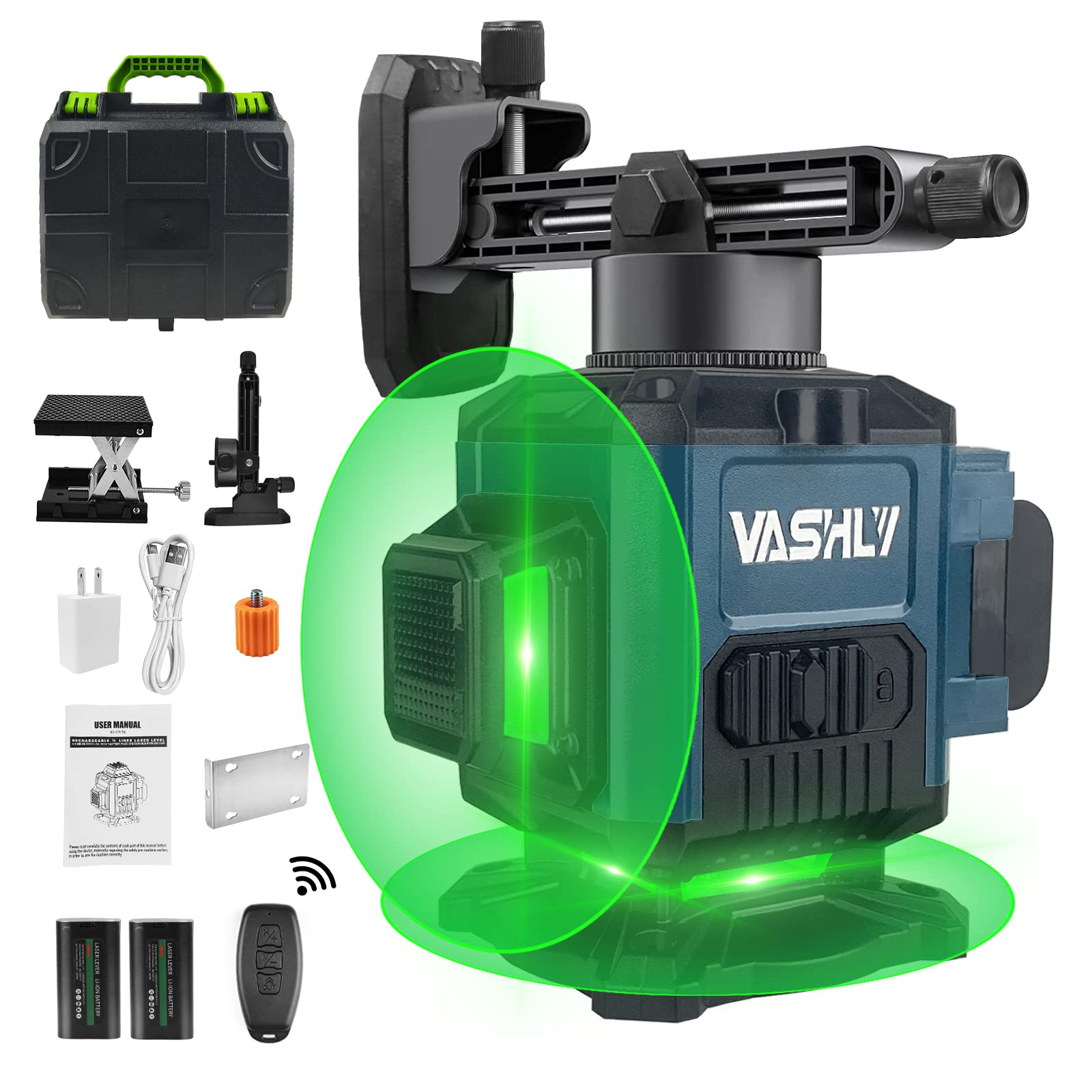 Vashly Self-Leveling Green Laser Level - 12 Lines, 3 x 360° Cross Line Laser with Rechargeable Battery, Hard Case & Remote Control - Perfect for Construction, Renovation, Flooring and Wall Alignment