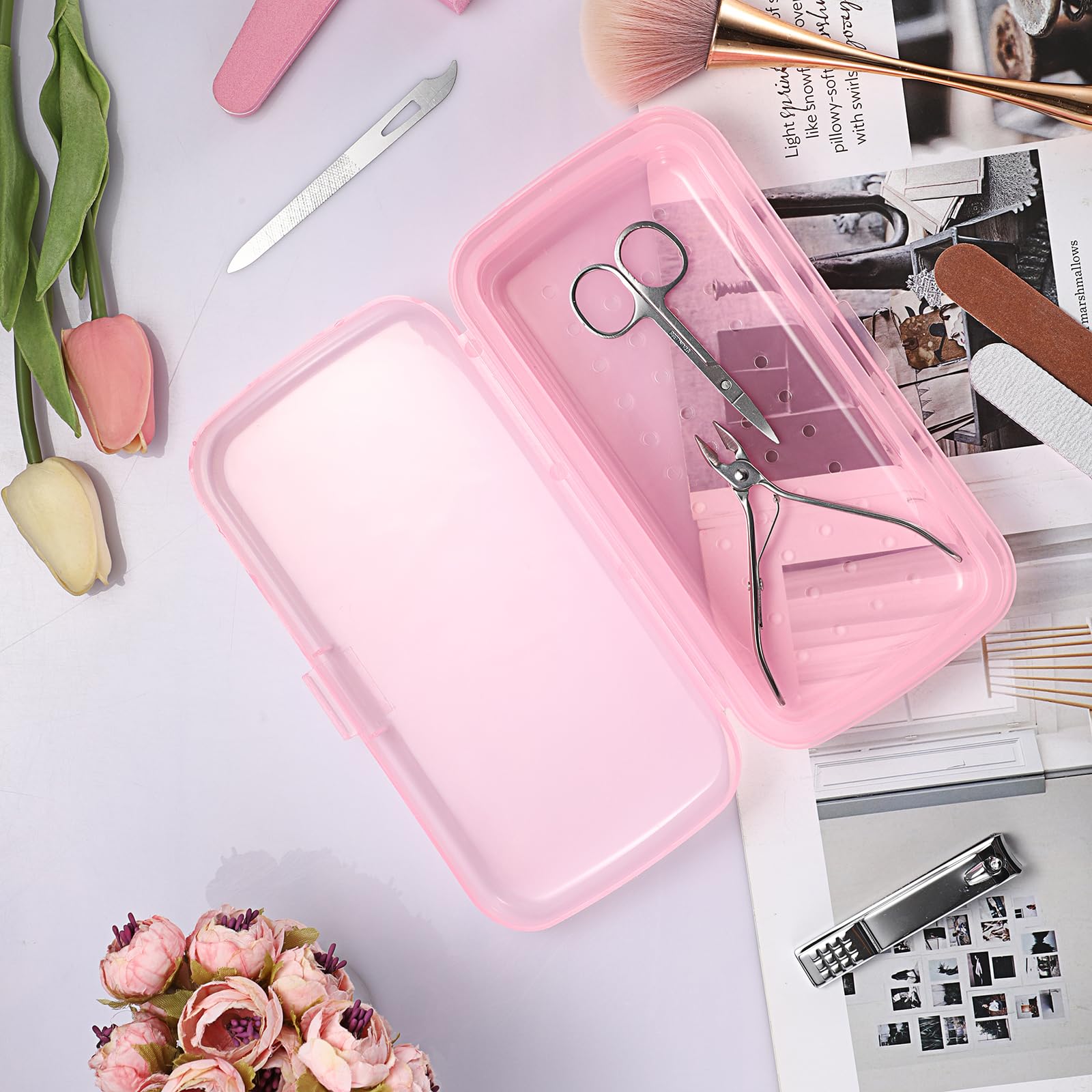 JUXYES Plastic Sterilizing Tray for Nail Art Tools - Portable UV Sterilizer Tray with Strainer & Transparent Storage Box for Tweezers, Manicure Accessories | Salon & Home Nail Care Organization Solution