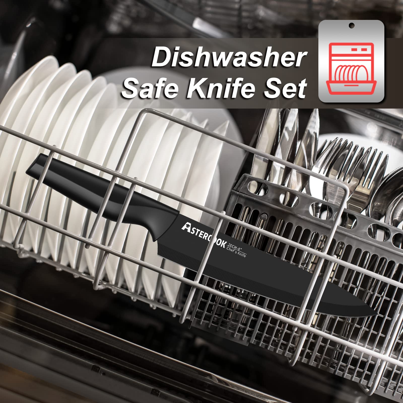 Astercook 21-Piece German Stainless Steel Knife Set with Block & Built-in Sharpener | Dishwasher Safe Kitchen Knives for Chopping, Slicing & Food Prep | Professional Chef & Home Cooking Essential