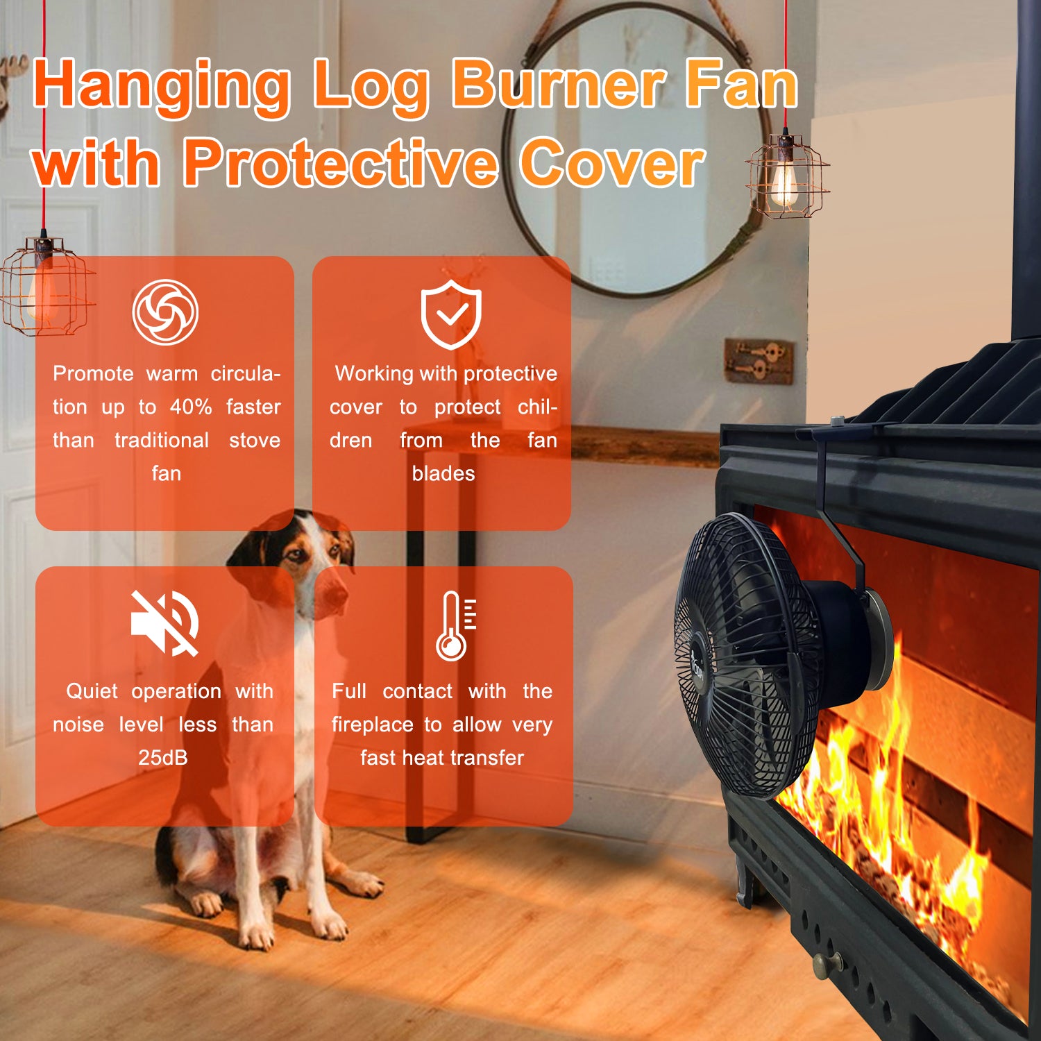 VODA Hanging Wood Stove Fan with Protective Shell - Efficient Heat Distribution for Fireplace, Cabin, and Camping Use