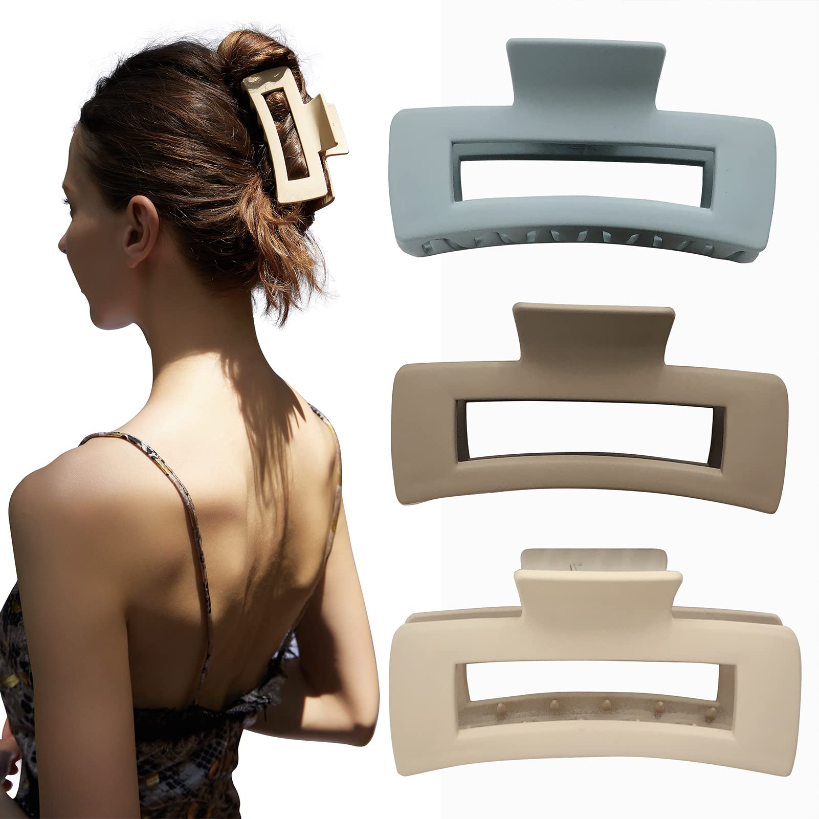 Large Square Hair Claw Clips 4 Inch - Matte Non-Slip Rectangle Jaw Clamps for Thick Hair - Women's Hair Accessories (3 Pack) - Perfect for Updos, Ponytails & Everyday Hairstyles
