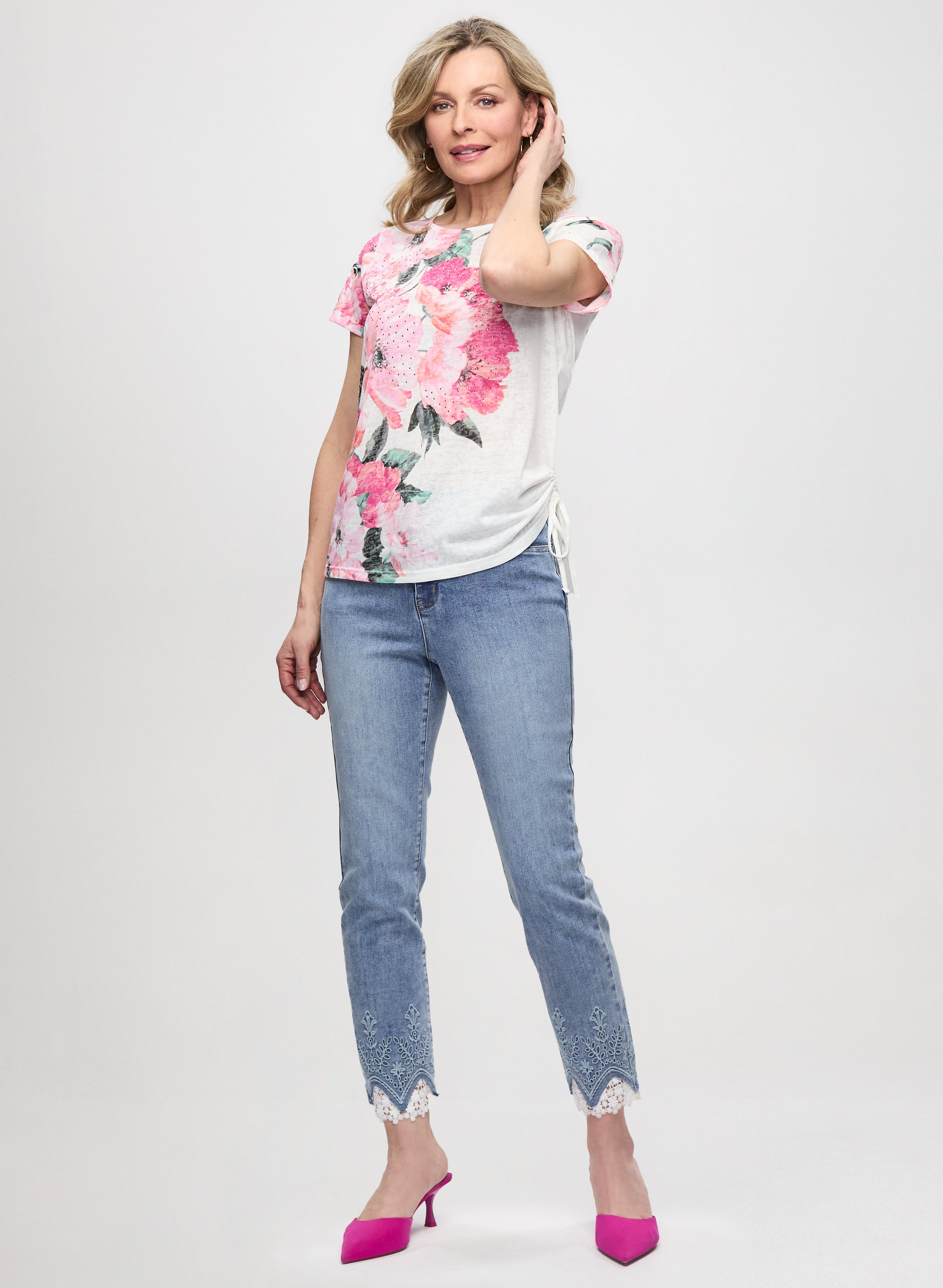 Floral Print Drawstring T-Shirt & Lace Hem Ankle Jeans Set - Women's Casual Outfit for Spring Summer Fashion, Date Night and Weekend Wear
