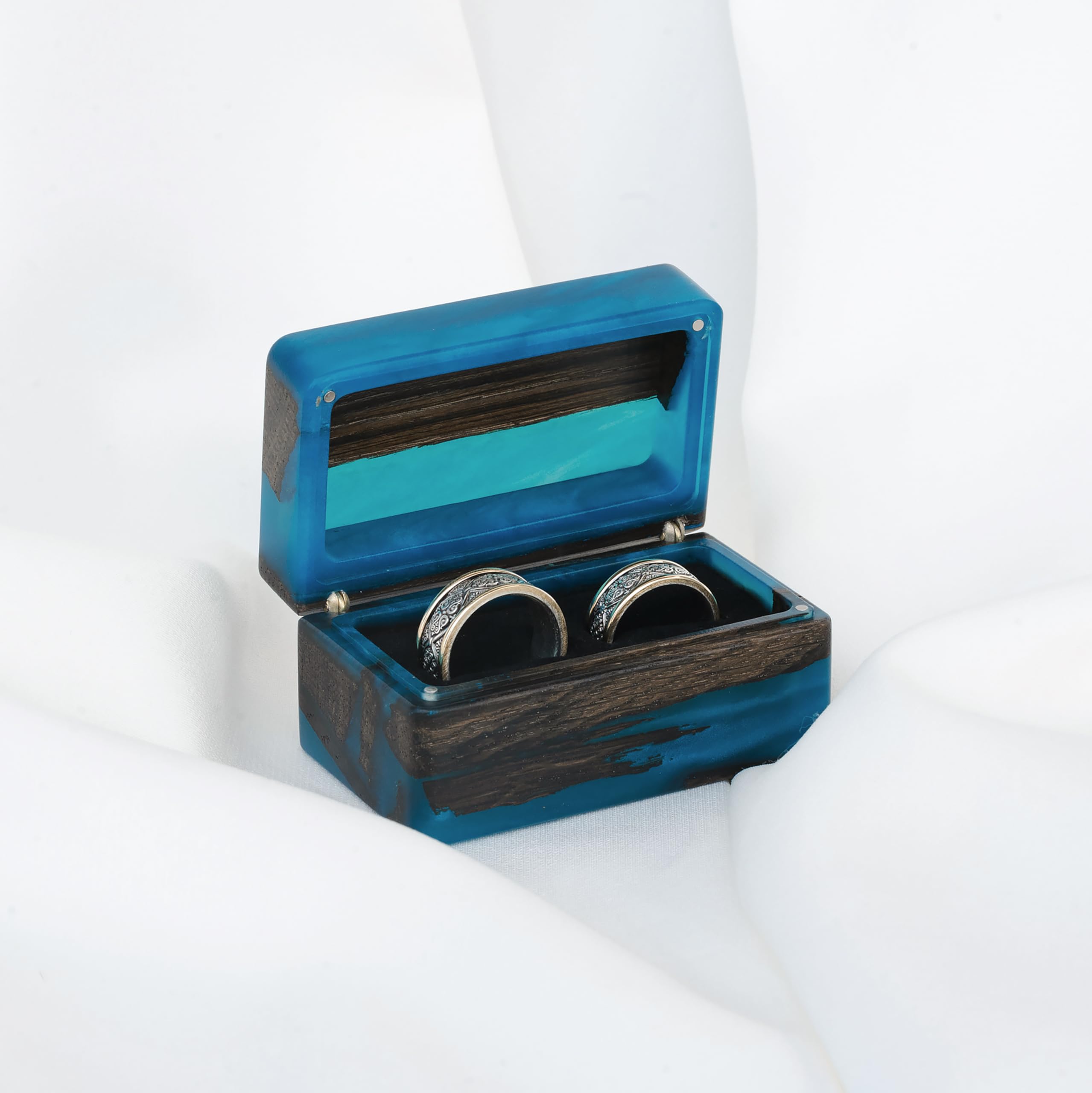 Premium Double Ring Organizer - Handcrafted Epoxy Wood Engagement Ring Box for Wedding Day - Blue Ring Display Case - Exquisite Marry Me Ring Bearer Box by MUSE | Perfect for Proposals, Vow Renewals & Wedding Ceremonies