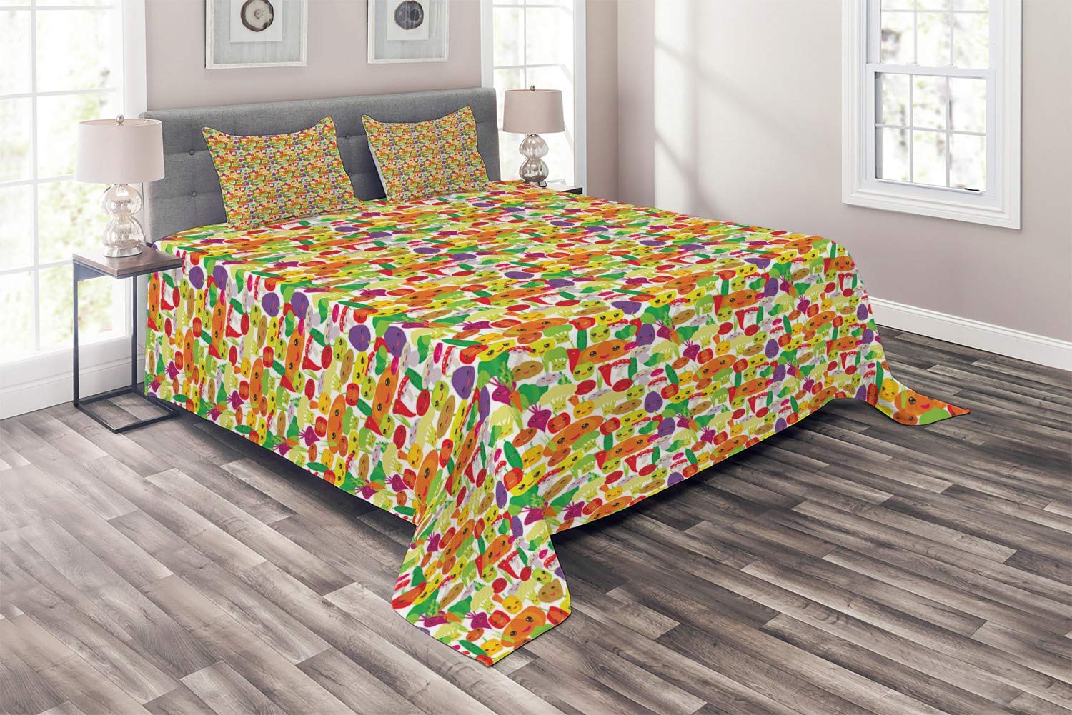 3 Piece Queen Size Comforter Set - All Season Machine Washable Duvet Cover with Kawaii Organic Food & Happy Face Design | Perfect for Kids' Rooms, Dorm Decor & Cozy Bedroom Makeover