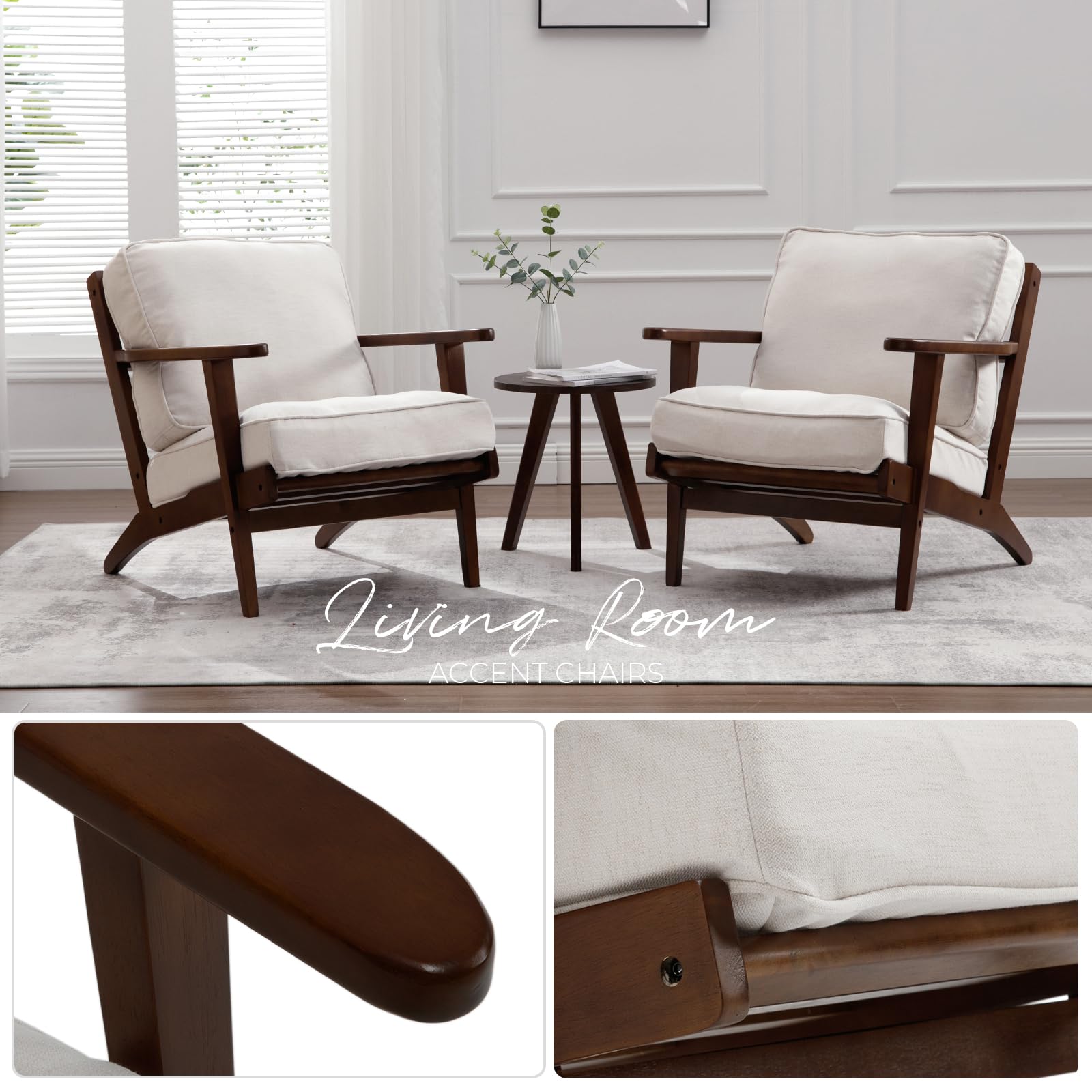 Mid Century Modern Accent Chair - Solid Wood Frame Upholstered Armchair for Living Room, Bedroom & Reading Nook - Elegant Beige Fabric Lounge Chair - Perfect for Home Office, Apartment Decor & Cozy Sitting Areas