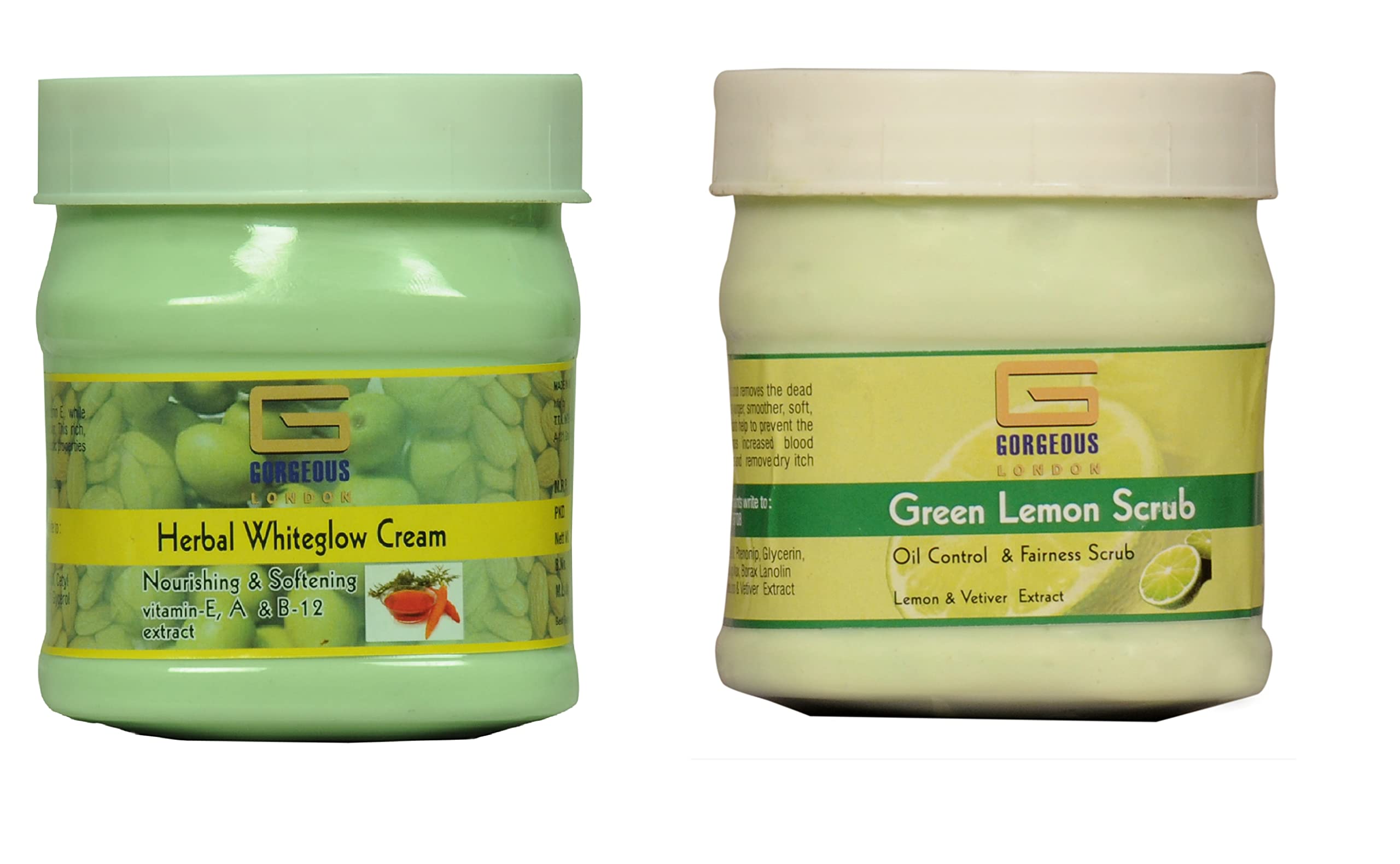 London Herbal White Glow Cream & Green Lemon Scrub Combo - 2 Pack (450g Each) for Brightening & Exfoliating - Perfect for Radiant Skin Care Routine at Home or Spa