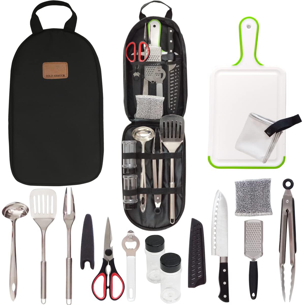 Portable Camping Kitchen Utensil Set - Stainless Steel BBQ Cookware Organizer with Cutting Board, Tongs, Scissors, Knife, Ladle & Spatula | Compact Travel Cookware Kit for Outdoor Camping, Picnics & RV Trips
