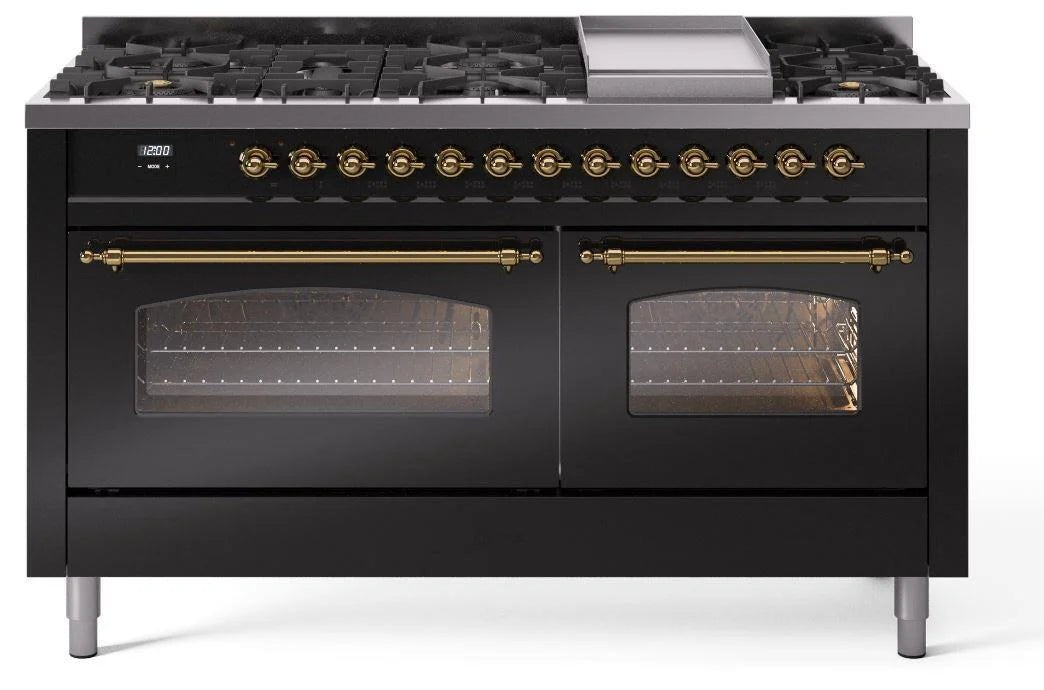 ILVE Nostalgie II 60-Inch Dual Fuel Natural Gas Range - Glossy Black with Brass Trim (UP60FNMPBKG) | Professional Gas Stove for Home Kitchen, Restaurant & Commercial Use