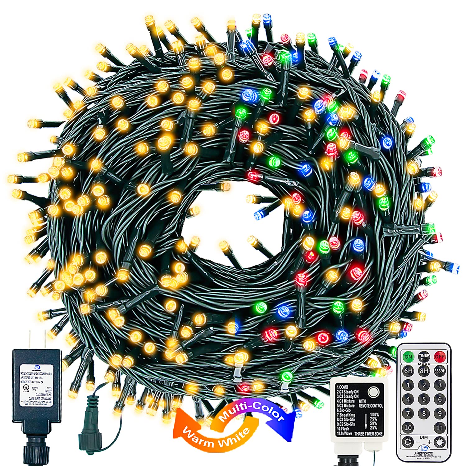Decute 500 LED Color Changing Christmas Tree Lights - 4 Colors in 1 String, 11 Lighting Modes, 164FT Extendable Waterproof Fairy Lights with Timer & Remote (Warm White & Multicolor) - Perfect for Indoor/Outdoor Holiday Decorations, Parties, Weddings and Landscape Lighting