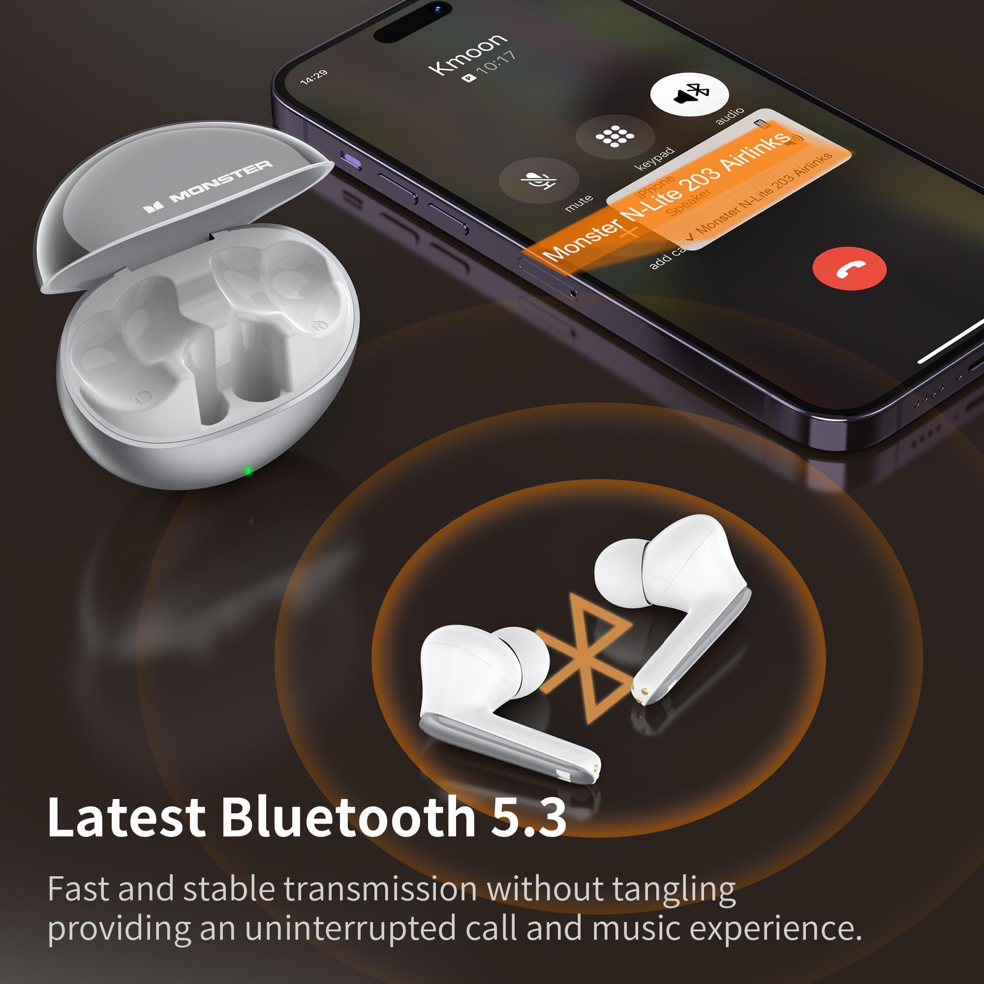 Monster N-Lite 203 AirLinks Wireless Bluetooth 5.3 Earbuds - HiFi Stereo Sound, 30H Playtime, Crystal Clear Calls, Type-C Fast Charging, IPX6 Waterproof - Perfect for Gym, Running, Travel & Work