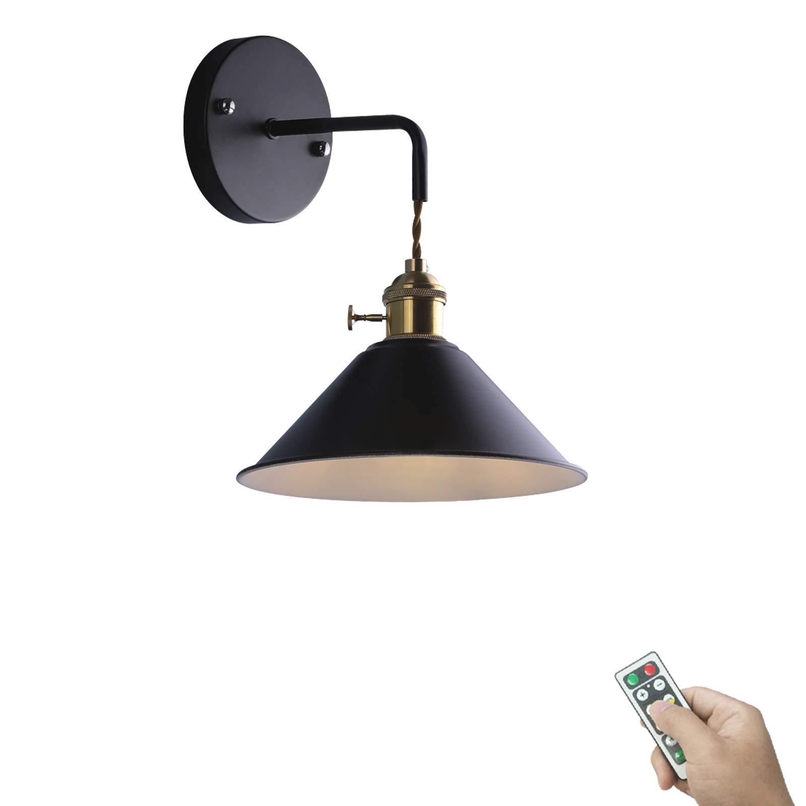 1-Pack 100 Lumens Multi-Function LED Remote Control Battery Operated Cordless Wall Sconce - Black Metal Shade, Dimmable, Easy Installation (Battery Not Included) - Perfect for Aisle, Loft, Bedroom & Wall Decor Lighting