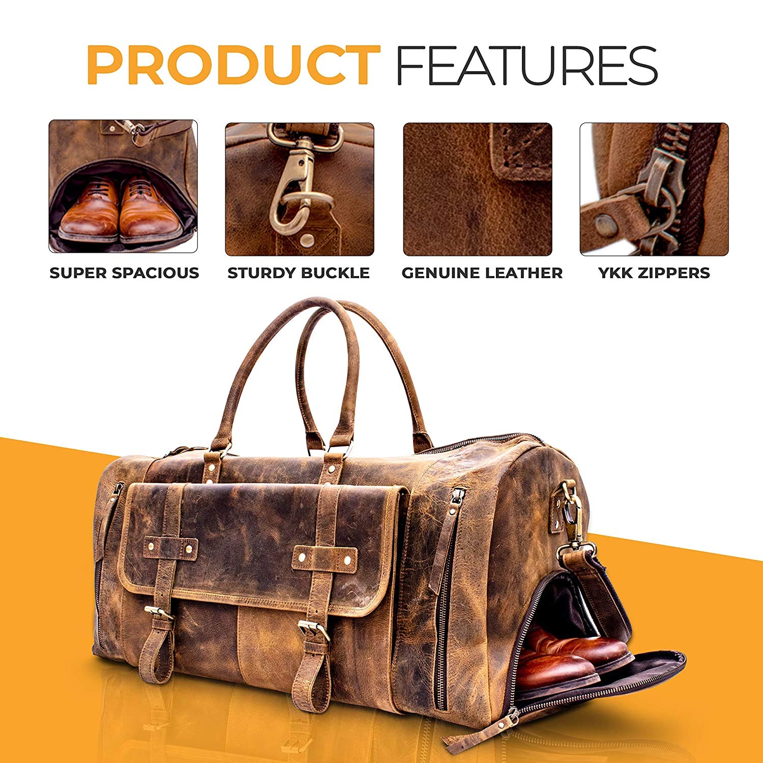Premium 24 Inch Full Grain Leather Duffel Bag for Men & Women - Travel, Gym, Overnight & Weekend Carry-On with Shoe Pocket (Brown Tan) - Perfect for Business Trips, Workouts & Adventure Travel