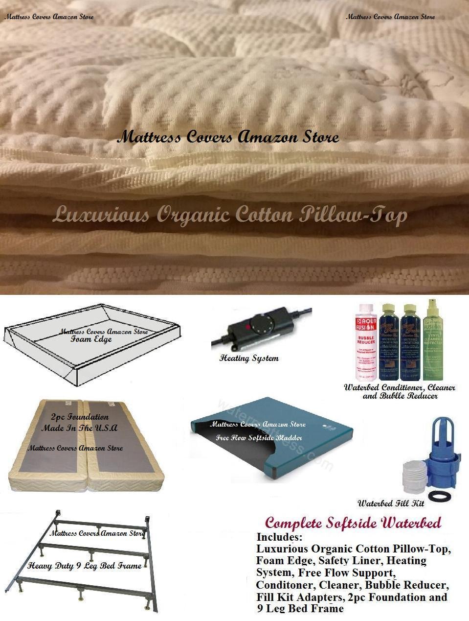 Queen Size Softside Waterbed with Organic Pillowtop & Free Flow Mattress - Luxurious Comfort for Bedroom Relaxation & Pain Relief
