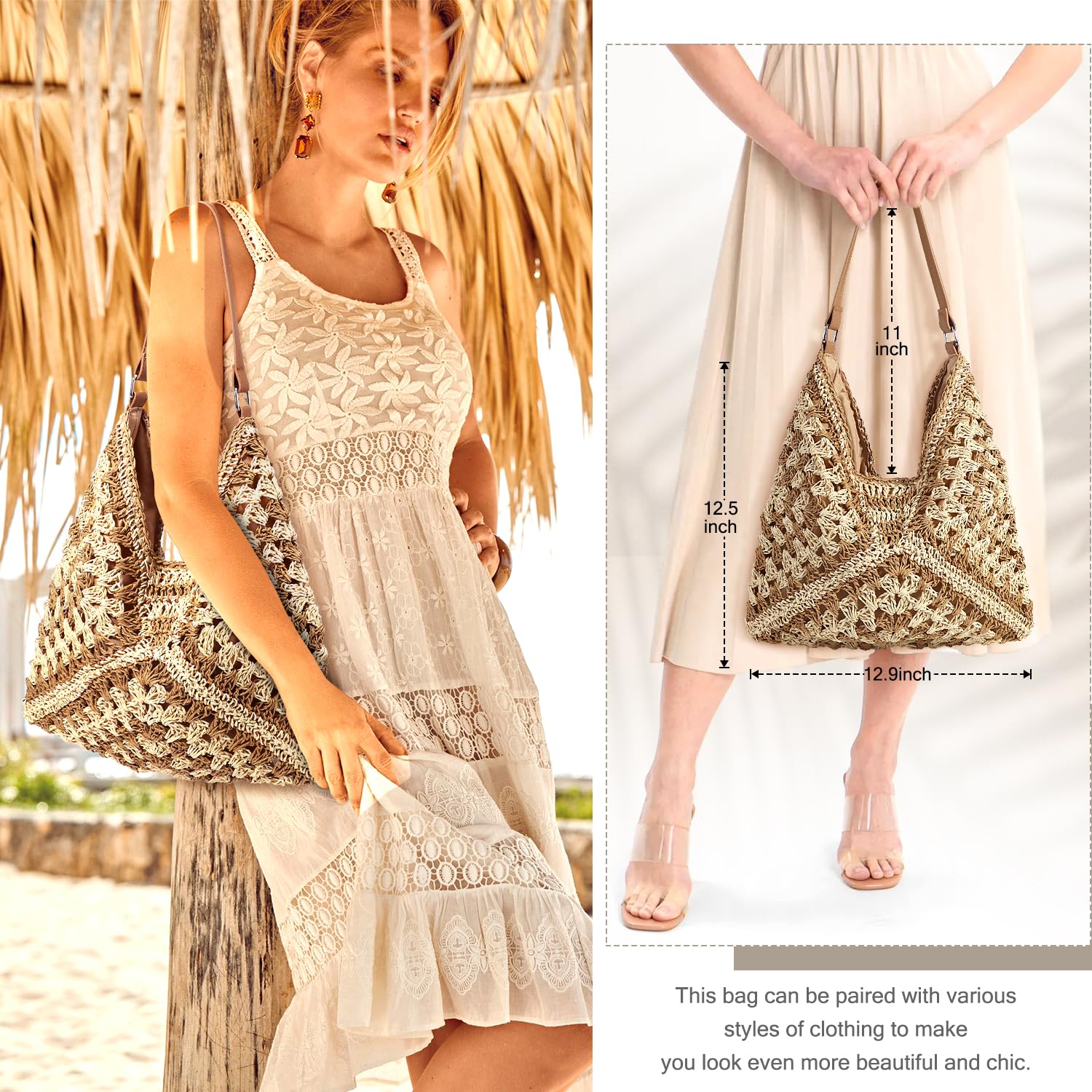 hatisan Straw Beach Bag for Women - Summer Woven Tote Shoulder Handbag, Boho Style Beach Bag for Pool, Vacation & Outdoor Activities