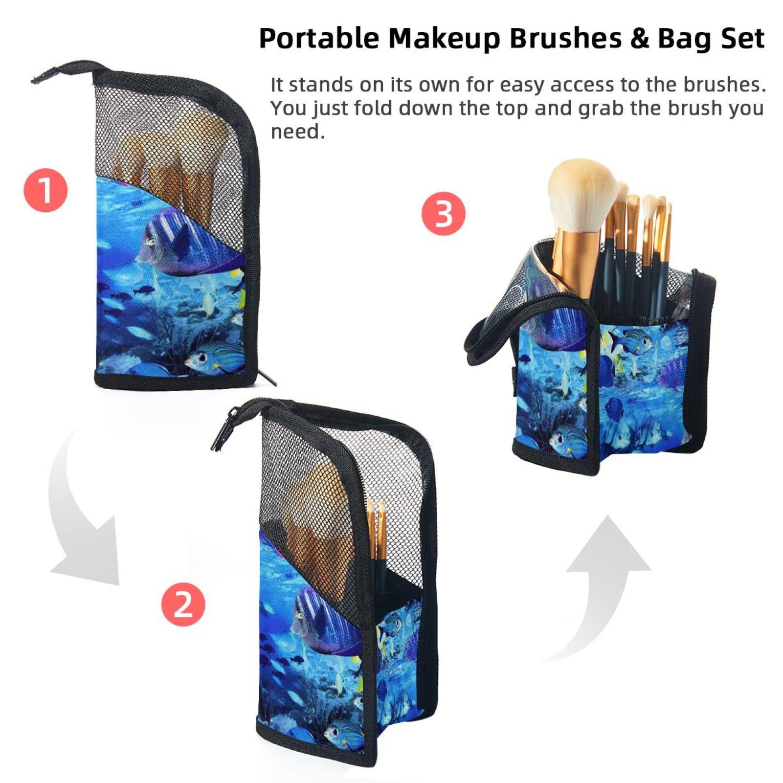 Premium Makeup Brush Organizer Bag with 12 Slots - Waterproof Portable Cosmetic Brush Holder Case for Travel & Home Storage (Deep Sea Fish Design) - Perfect for Makeup Artists & Beauty Enthusiasts