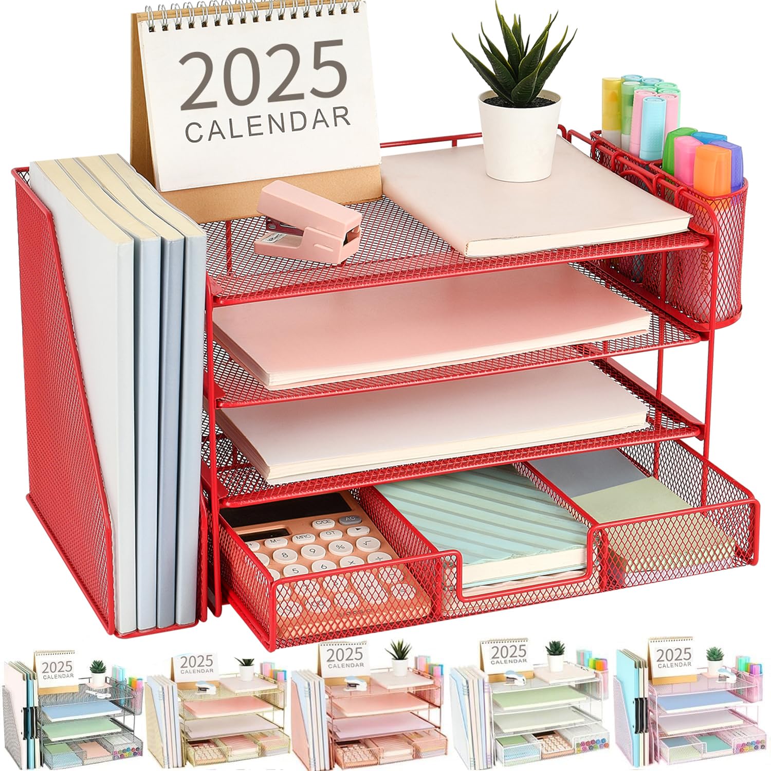 4-Tier Paper Letter Tray Organizer with File Holder & Drawer - Desk Accessories for Office Supplies, Workspace Organizer with 2 Pen Holders - Perfect for Home Office, School, and Workspace Organization (Red)