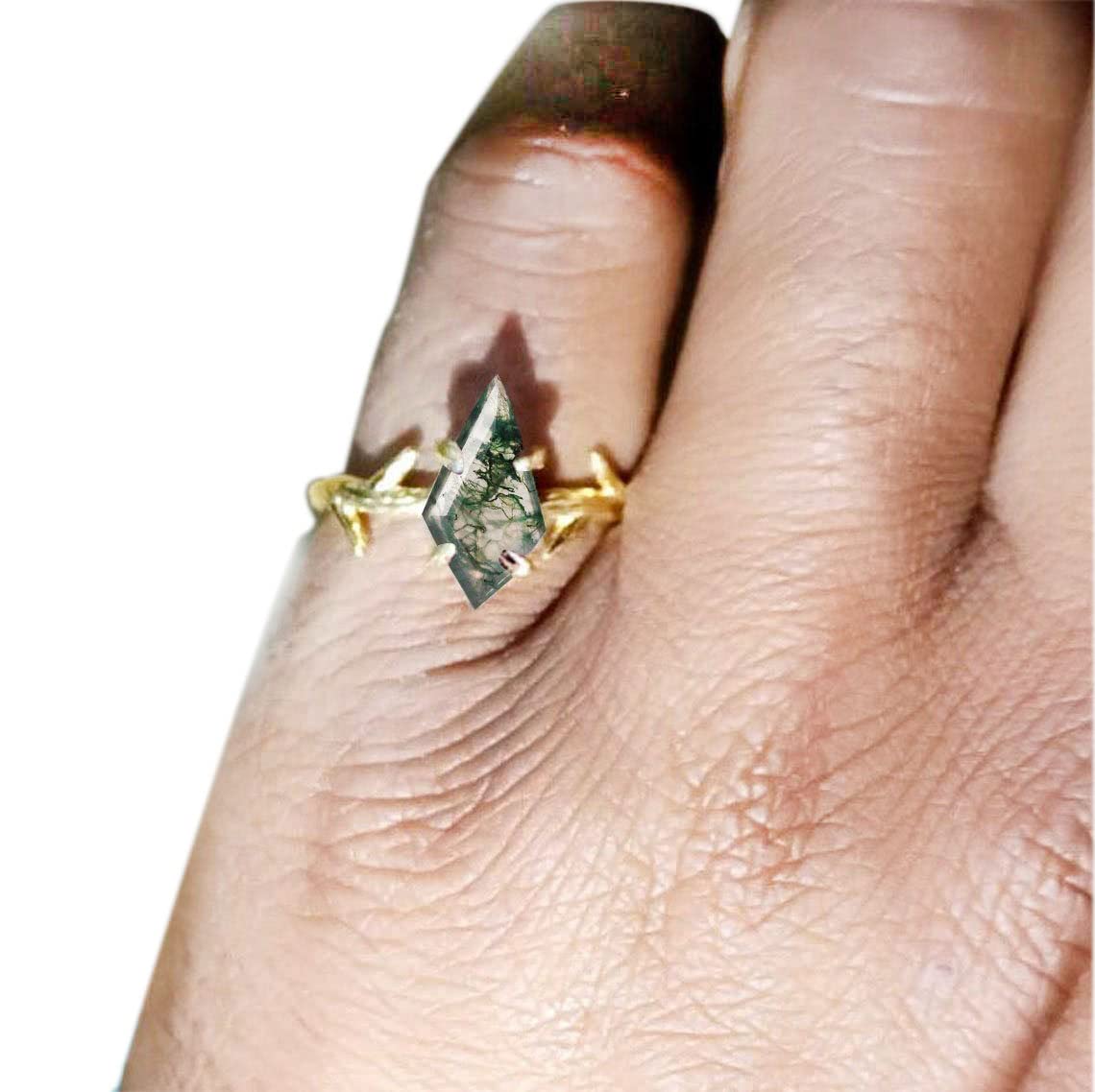 Unique Kite Moss Agate Engagement Ring - 925 Sterling Silver & Rose Gold Twig Design | Handmade Gemstone Ring for Women | Perfect for Weddings, Anniversaries & Romantic Gifts