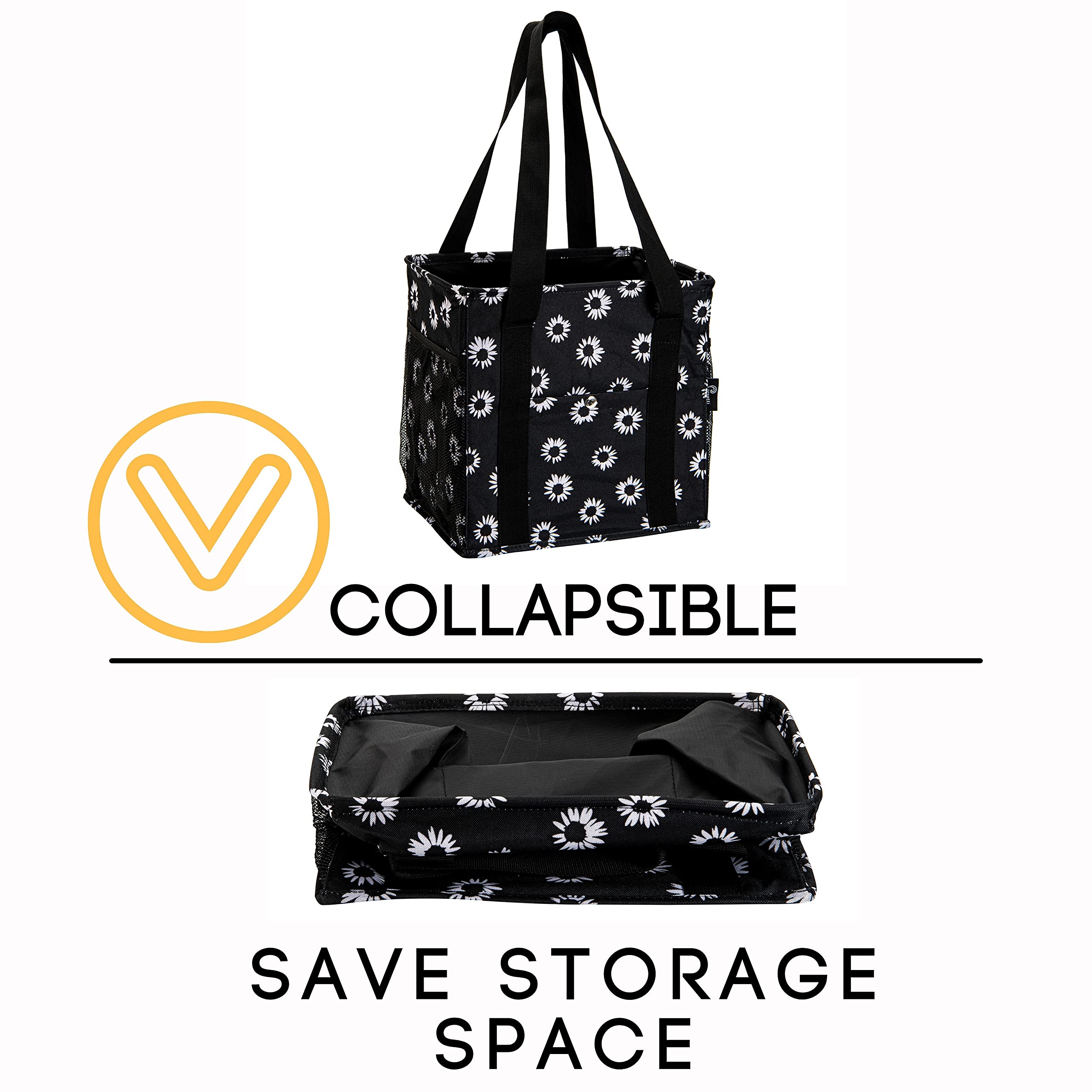 Stylish Small Utility Tote Bag for Women with 4 Exterior Pockets - Versatile Reusable Shopping Bag for Groceries, Work, Lunch, Teachers & Nurses - Perfect for Office, School, Hospital & Daily Errands (Black Daisy Floral Design)