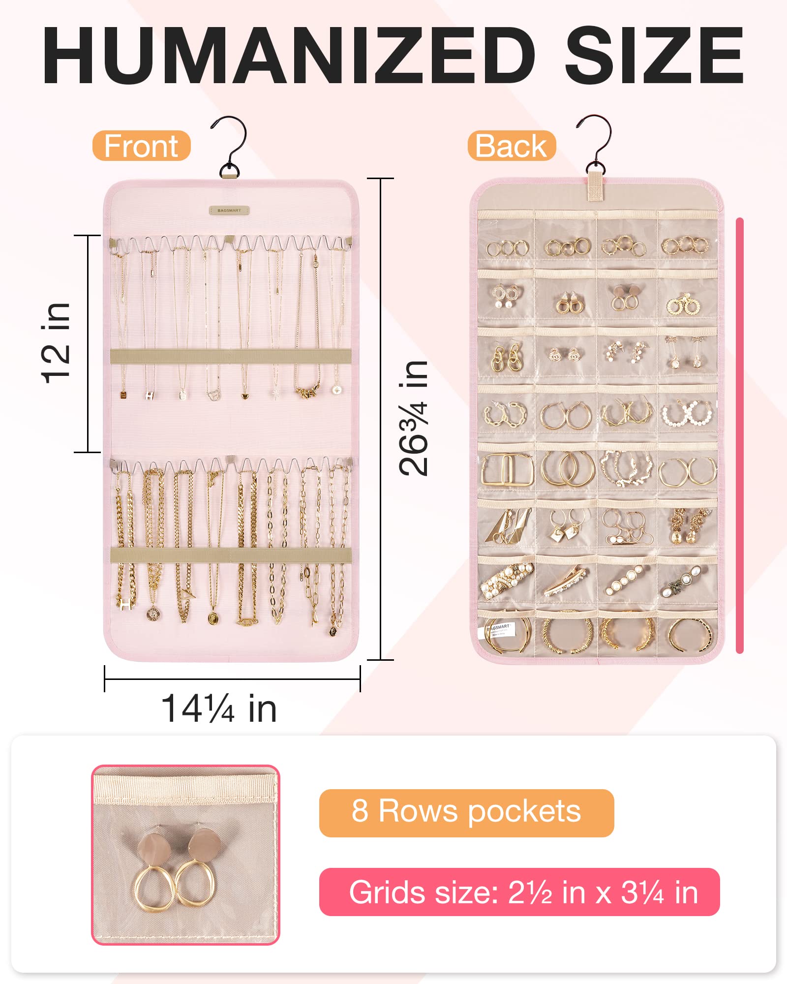 BAGSMART Hanging Jewelry Organizer - Double-Sided Jewelry Storage Roll with Metal Hooks for Earrings, Necklaces, Rings - Perfect for Closet, Wall, or Door - Medium Size, Pink - Ideal for Travel, Home Organization & Gift Giving