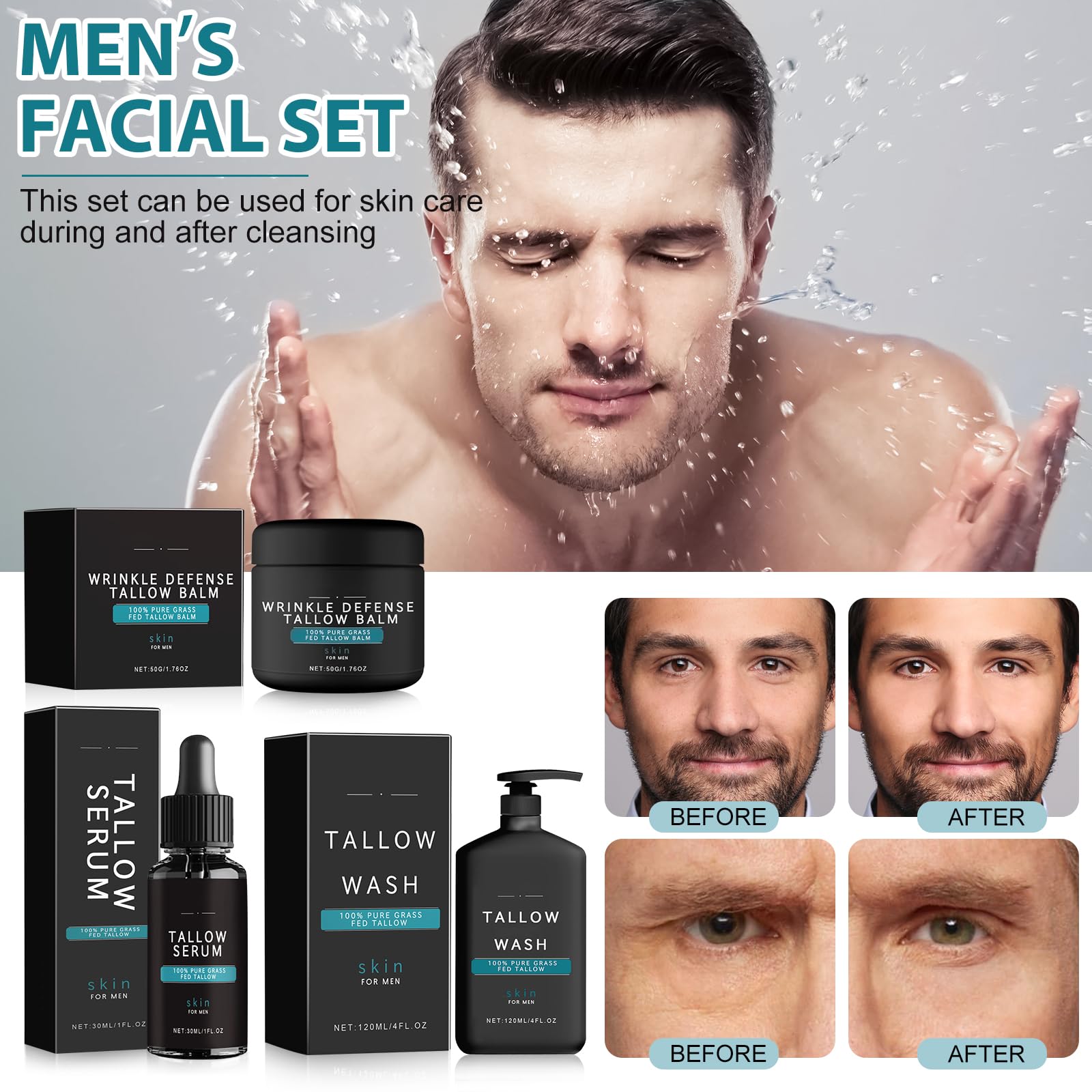 Natural Tallow Balm for Men - Wrinkle Defense Face Moisturizer with Beef Tallow | Anti-Aging Cream to Diminish Fine Lines & Wrinkles | Complete Skincare Kit (Cream, Face Wash & Night Serum) | Perfect for Daily Hydration & Nighttime Repair