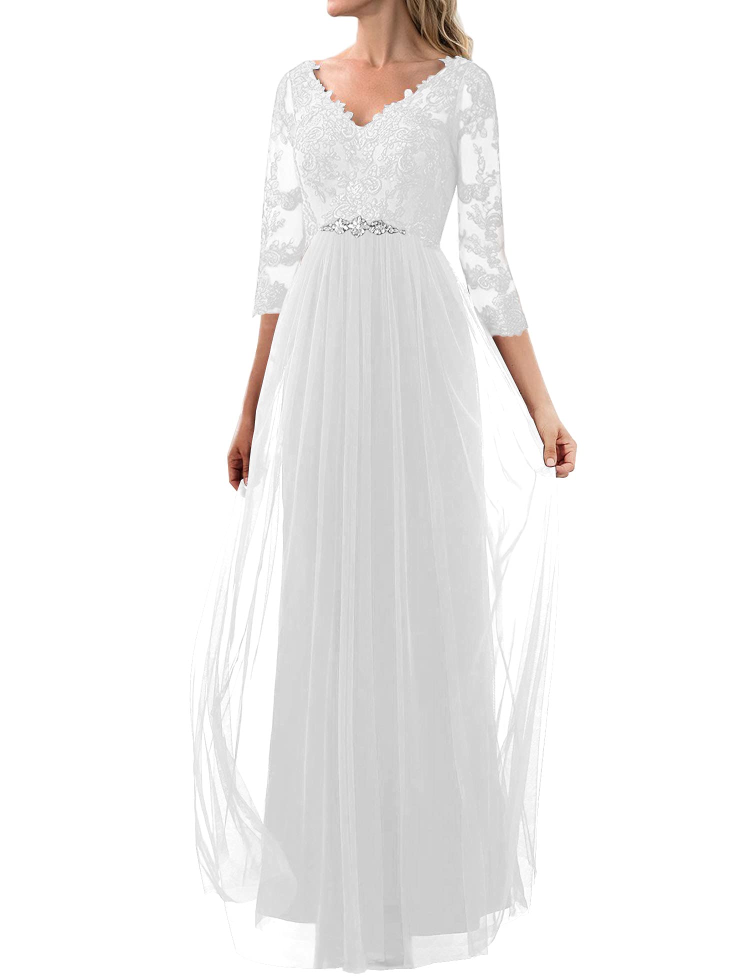 Elegant Lace V-Neck Sleeve Wedding Dress | Tulle Bridal Gown for Romantic Ceremonies & Formal Weddings | Perfect for Church, Beach, and Ballroom Weddings