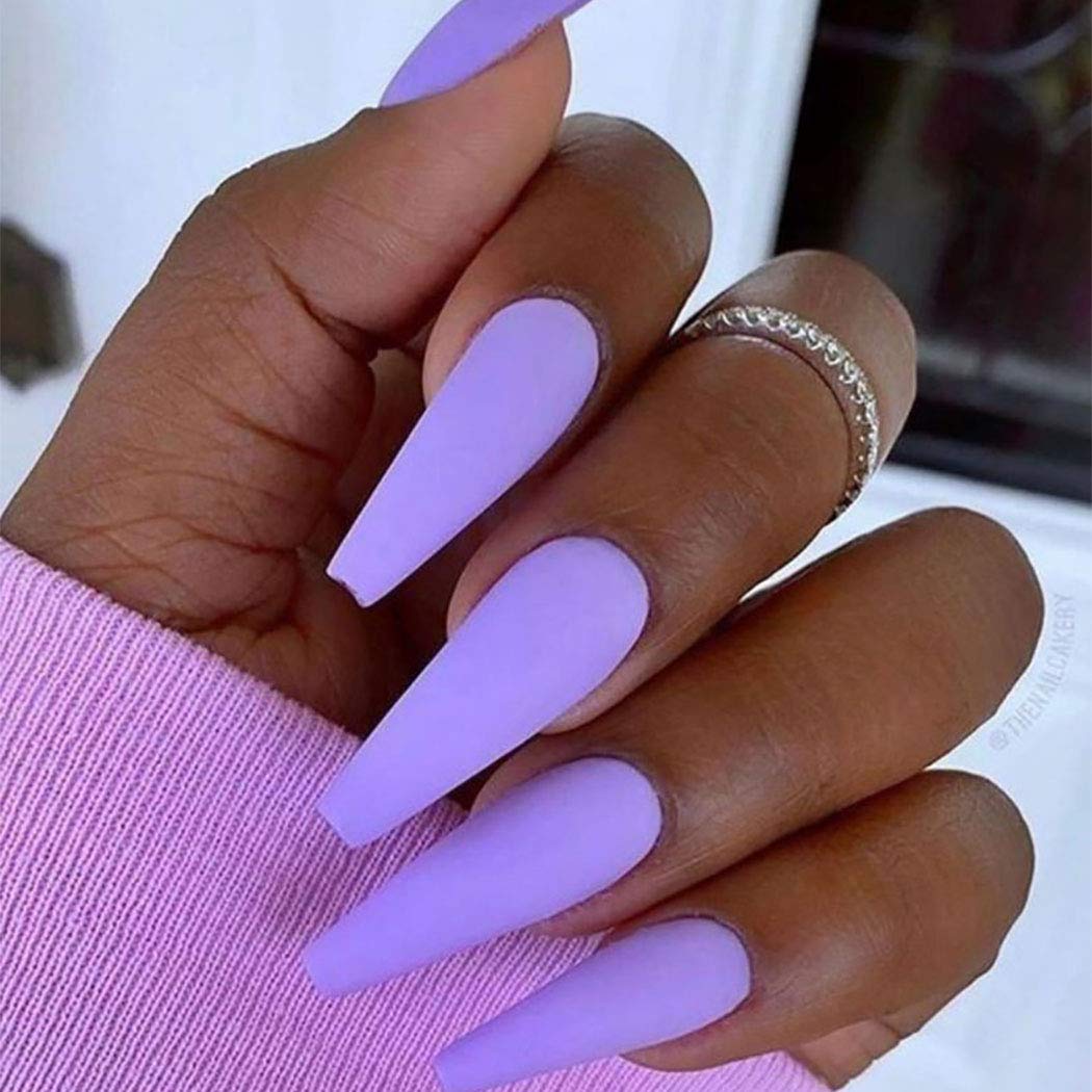 Long Press on Nails Coffin Purple Fake Nails - 24PCS Matte Ballerina Full Cover Artificial False Nails for Women & Girls - Perfect for Parties, Weddings, and Special Occasions
