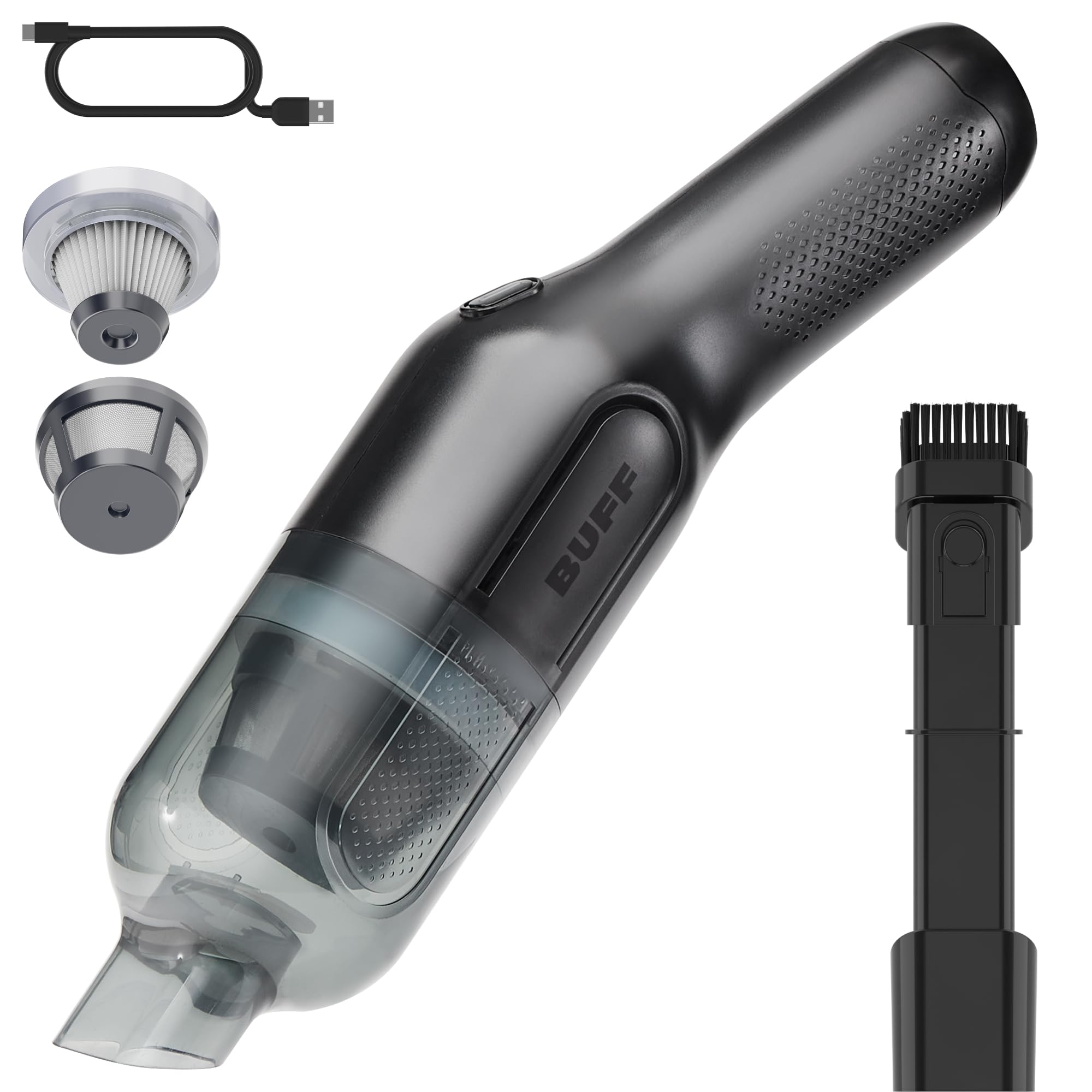 BUFF Cordless Handheld Vacuum Cleaner - Rechargeable Car Vacuum with Crevice Tool & Brush Attachments - Powerful Portable Vacuum for Home, Office, Car & Pet Hair Cleaning - Black | Perfect for Quick Cleanups, Car Detailing & Pet Hair Removal