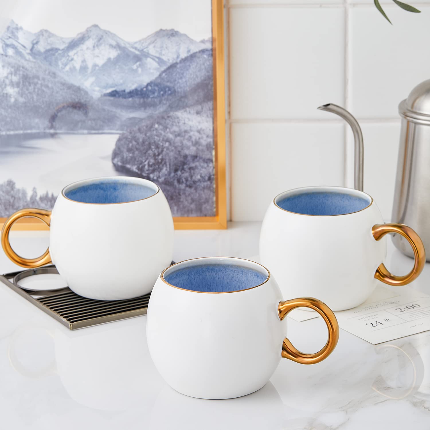 Josephine Blue Stone Lain Porcelain Dish Set - 4 Elegant Mugs for Coffee, Tea & Home Decor | Perfect for Dining, Gifting & Kitchen Essentials