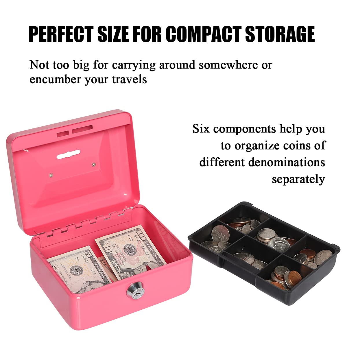 Jssmst Small Lock Cash Box with Money Tray - Secure Pink Locking Money Box for Kids with Top Slot (5.91 x 4.72 x 2.95 inches) - Perfect for Allowance Savings, Piggy Bank Alternative, and Home Office Cash Management (Model CB003-P)