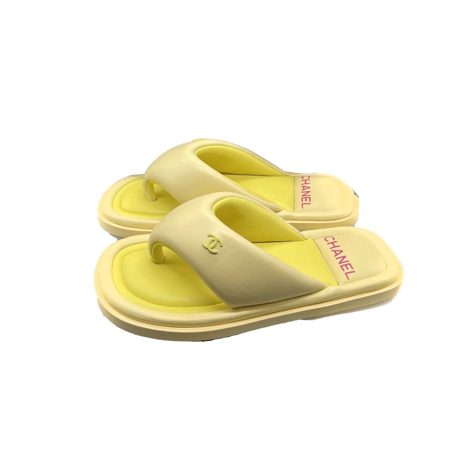 Chanel Lambskin Padded Pool Thong Sandals - Women's Luxury Flip Flops in Yellow, Size 38 (US 8) - Perfect for Beach, Poolside & Summer Vacations