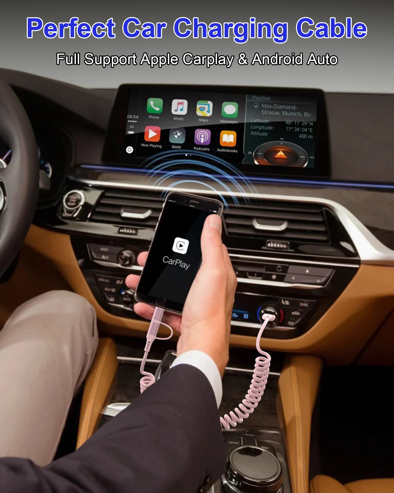 2-in-1 USB to Lightning & USB C Coiled Charging Cable - Pink iPhone & Android Fast Charger with Data Sync (Supports Apple CarPlay & Android Auto) - Perfect for iPhone 16/15/14/13/12/11 & Android Devices in Car, Home & Office Use