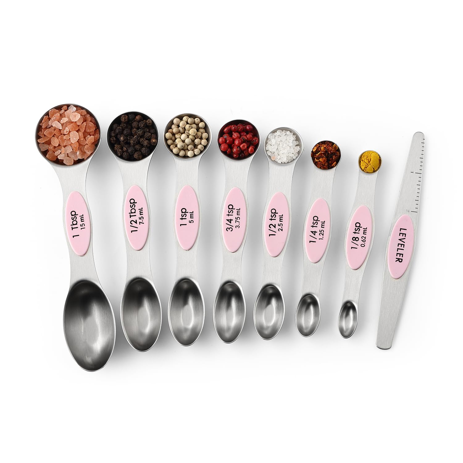 Spring Chef 8-Piece Stainless Steel Magnetic Measuring Spoons Set - Dual Sided Teaspoon & Tablespoon with Leveler, Strong Magnets - Perfect for Baking, Cooking & Meal Prep - Pink Lemonade Kitchen Gadgets