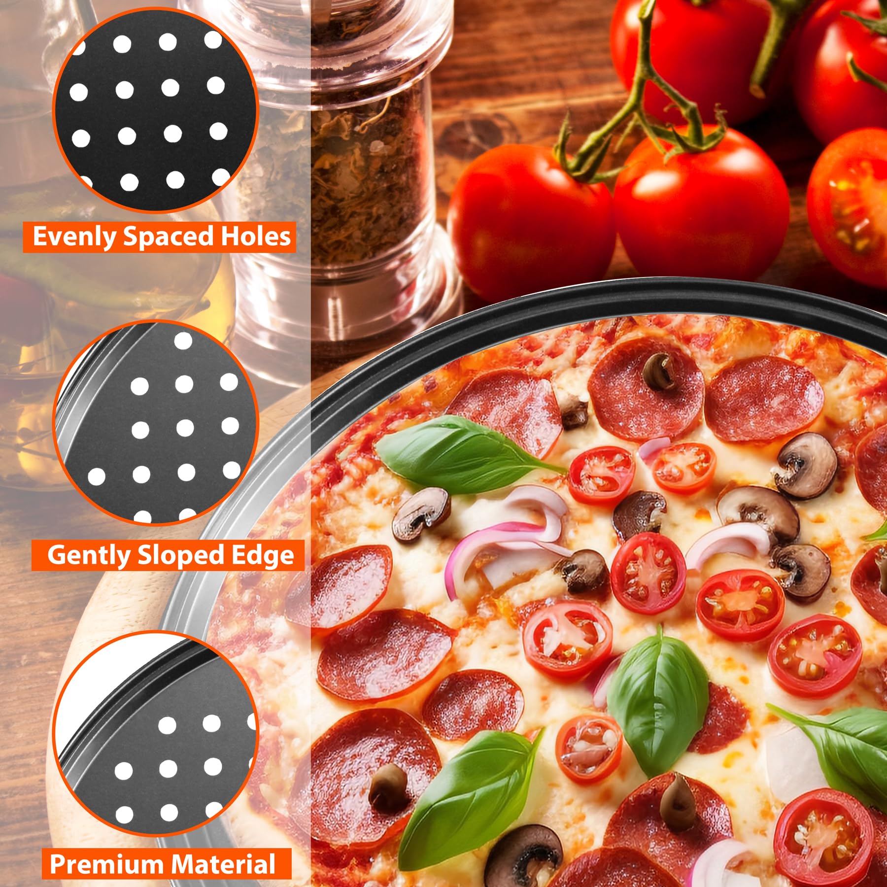 4-Piece Round Perforated Non-Stick Pizza Pan Set (9/10/11/12 Inch) - Perfect for Baking Crispy Crust Pizzas in Oven - Ideal for Home Kitchens, Restaurants & Pizza Parties