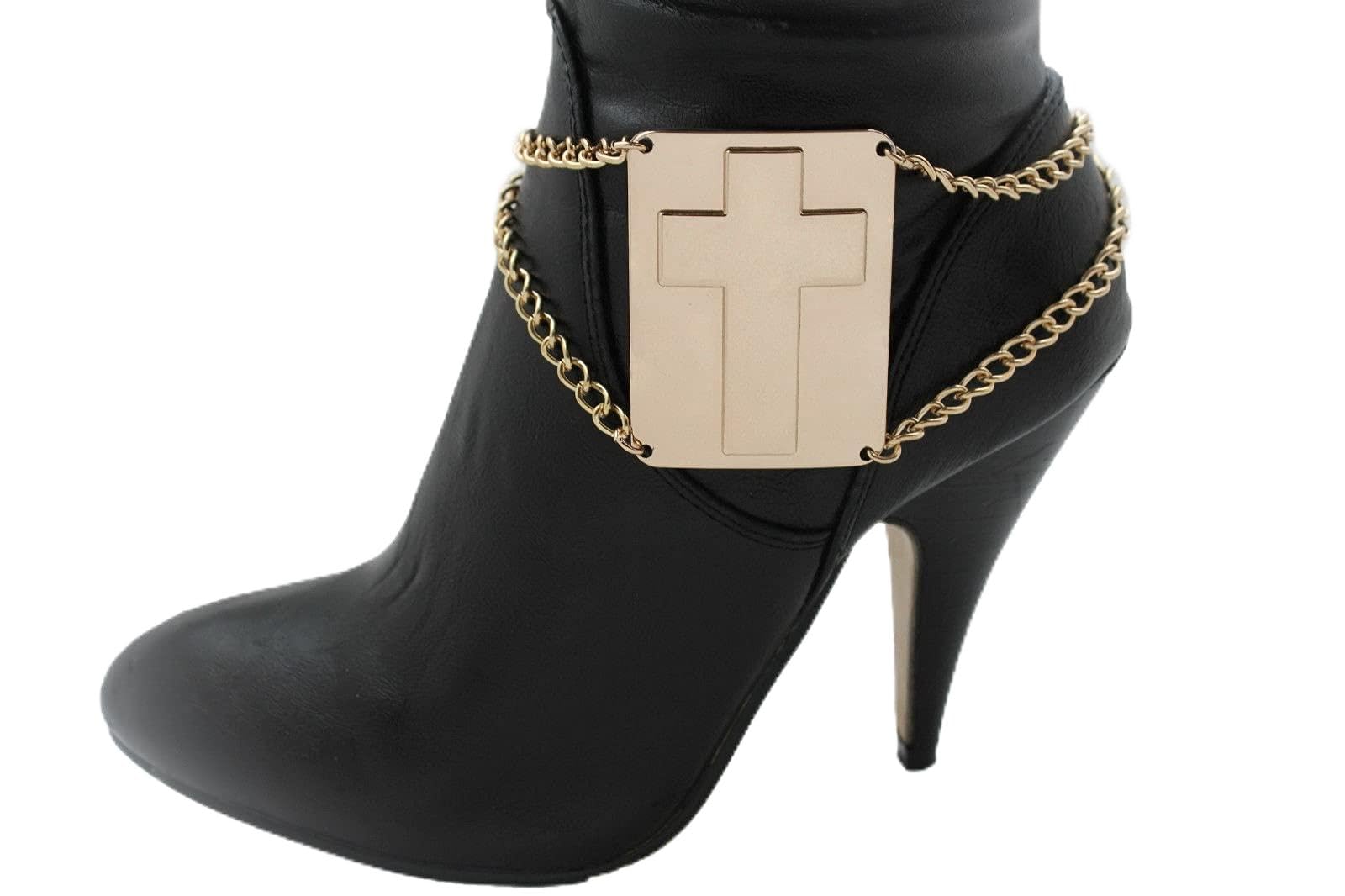Western Women's Boot Bracelet - Gold Metal Chain Link Cross Plate Ankle Jewelry - Chunky Statement Bangle for Cowgirl Fashion & Country Music Festivals