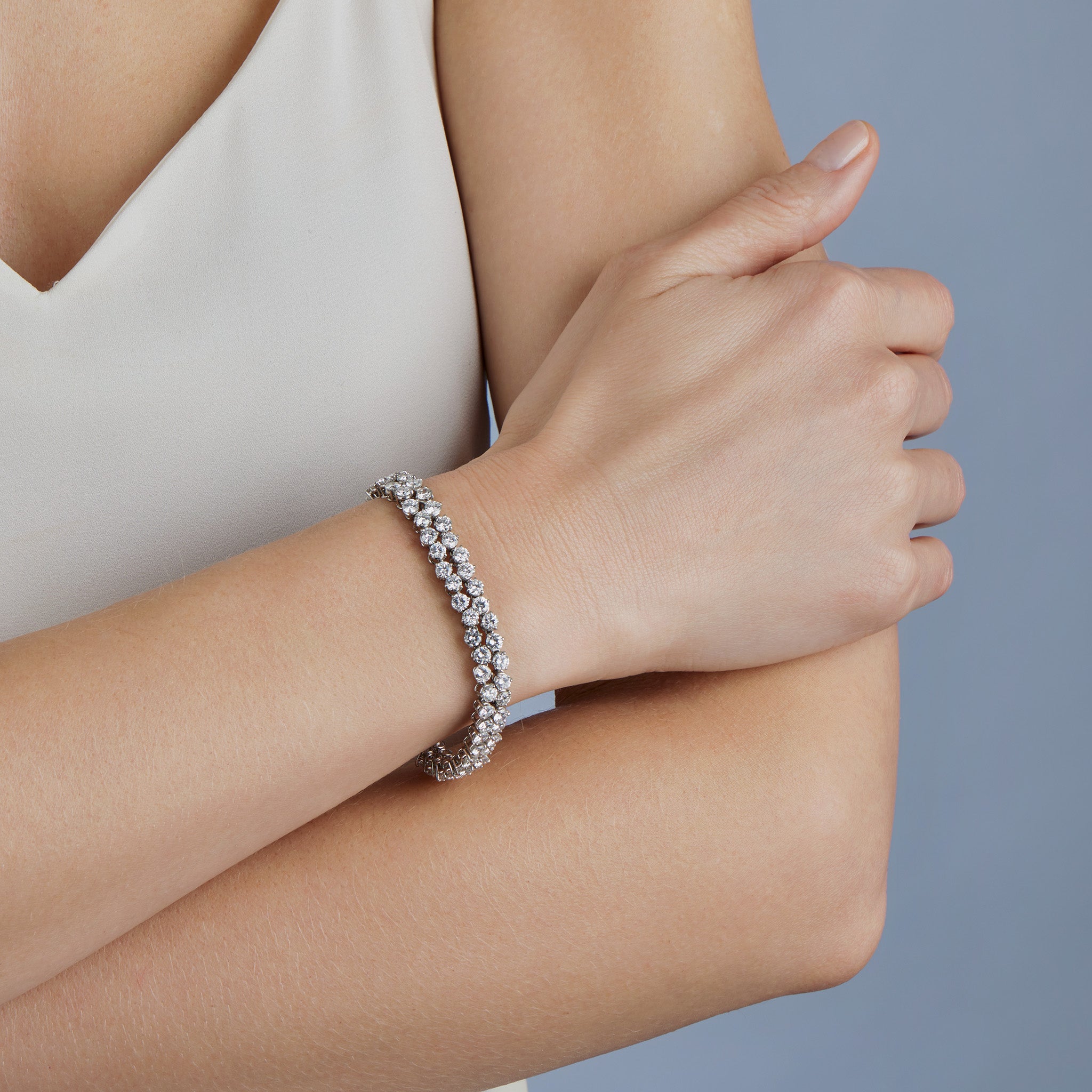 French Platinum and Diamond Double Line Bracelet - Luxury Bijouterie Bouchet Jewelry for Women | Perfect for Weddings, Anniversaries & Special Occasions