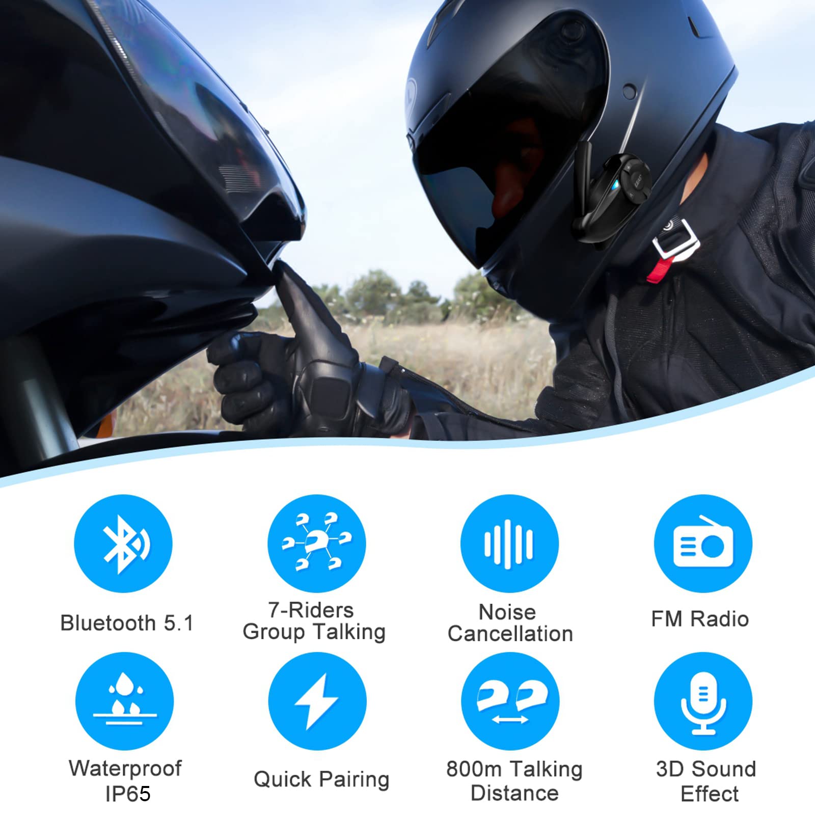 EJEAS Q7 Motorcycle Helmet Bluetooth Intercom - Wireless Bluetooth 5.1 Headset with CVC Noise Cancellation & FM Radio - Connects 7 Riders for Snowmobile, ATV, Dirt Bike Riding (2 Pack) - Perfect for Group Rides, Adventure Tours & Off-Road Excursions