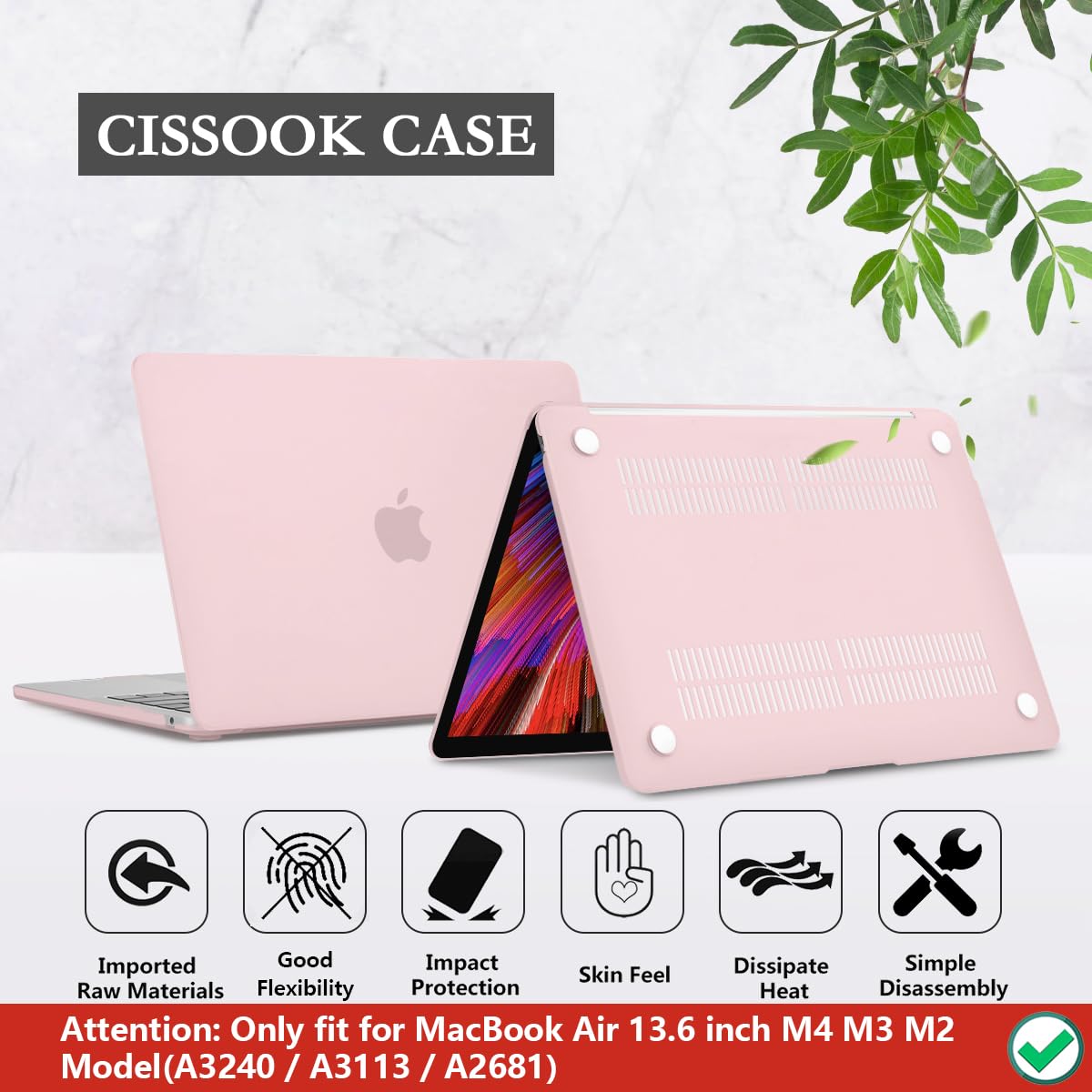 CISSOOK MacBook Air 13.6 Case for M4/M3/M2 Models (2022-2025) - Hard Plastic Shell with Keyboard Cover & USB Adapter - Compatible with A3240/A3113/A2681 - Baby Pink | Perfect for Work, Travel & School Protection