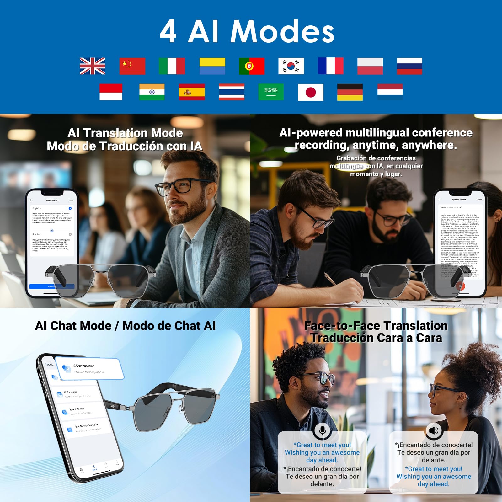 Smart Glasses with AI Language Translator & ChatGPT, Wireless Bluetooth, 11H Battery Life, Anti-Blue Light UV Protection, Voice Control with Built-in Mic & Speakers - Perfect for Travel, Business Meetings & Gaming