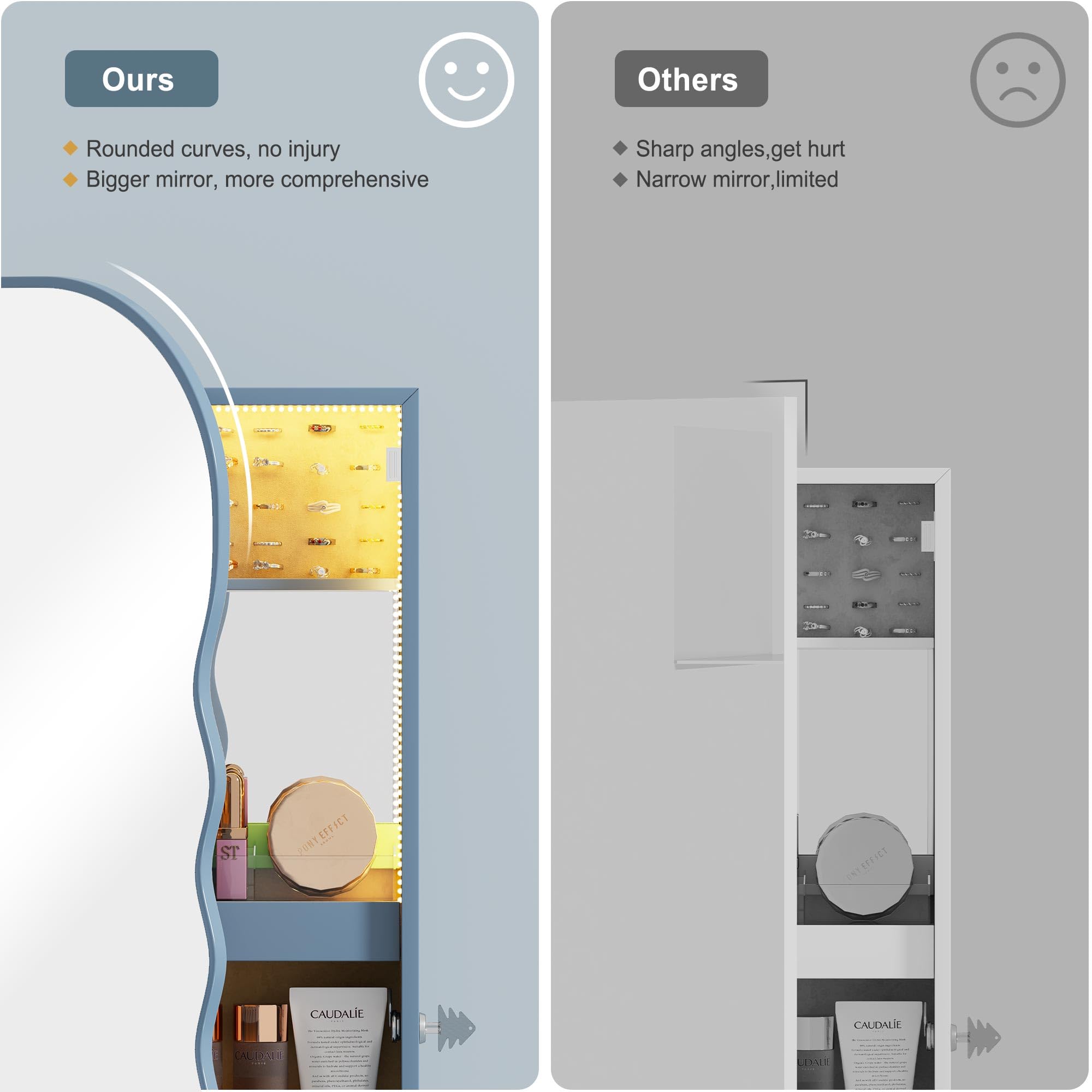 HNEBC LED Mirror Jewelry Cabinet - Wall/Door Mounted Jewelry Armoire Organizer with Lights & Lock - 42.5