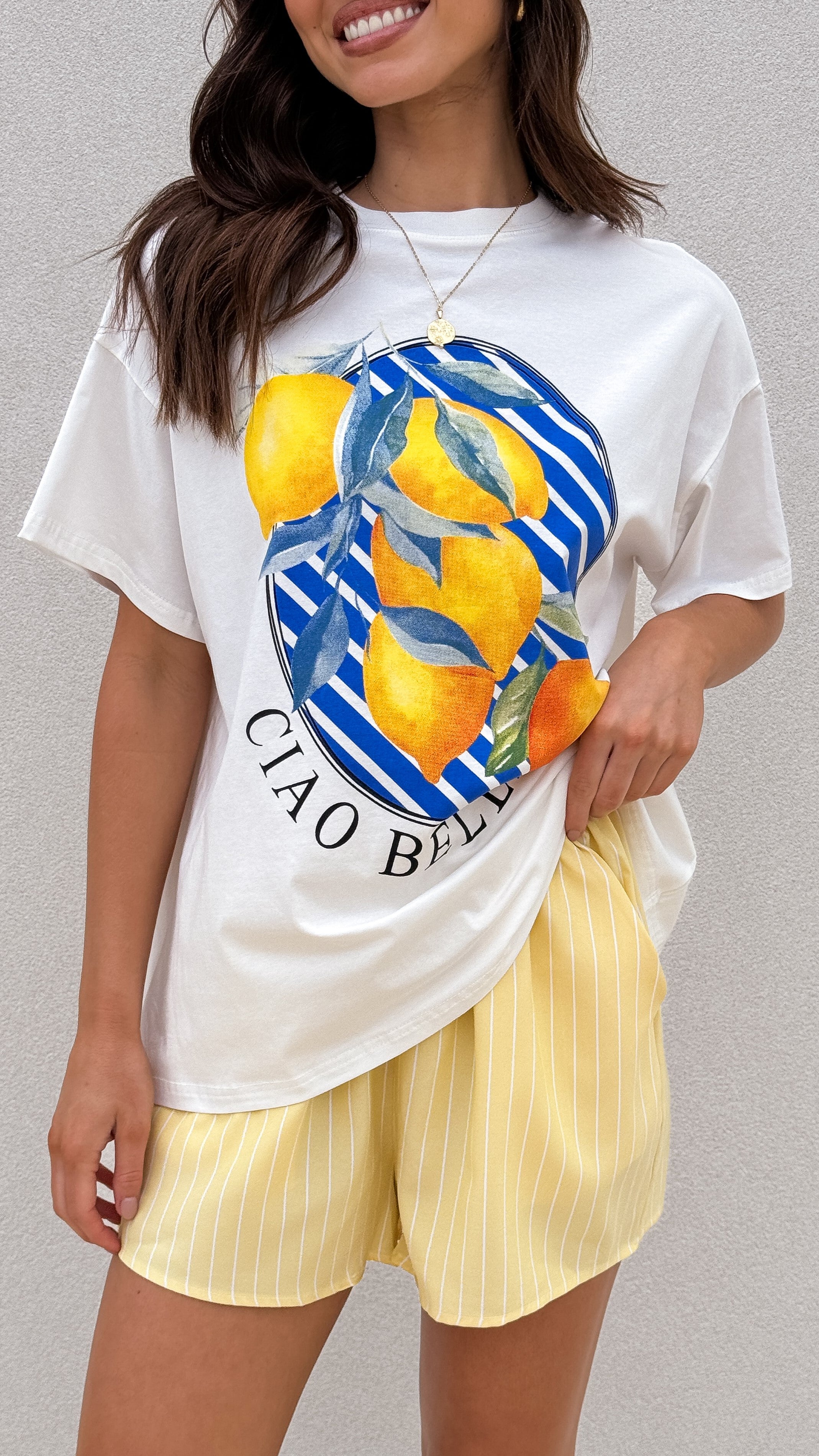Ciao Bella Women's Summer Top and Shorts Set - White & Yellow Outfit for Casual Wear, Beach, and Vacation