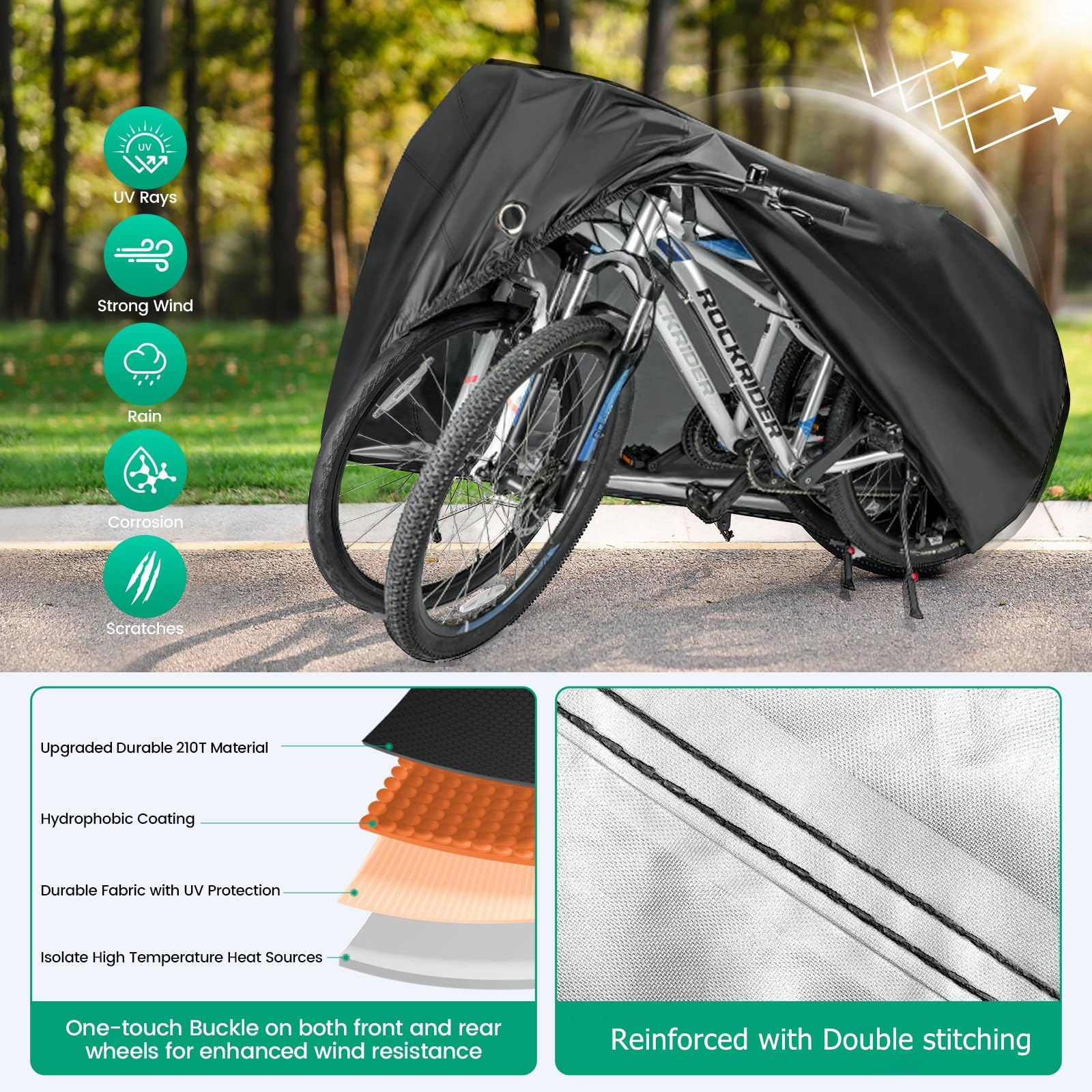 Ohuhu Waterproof Bike Cover - Heavy Duty 210T Outdoor Bicycle Cover for 1-2 Bikes, Windproof & UV Protection with Lock Hole & Storage Bag - Perfect for Mountain Bikes, Road Bikes, City Bikes & Beach Cruisers | Ideal for Garage Storage, Travel & Outdoor Protection