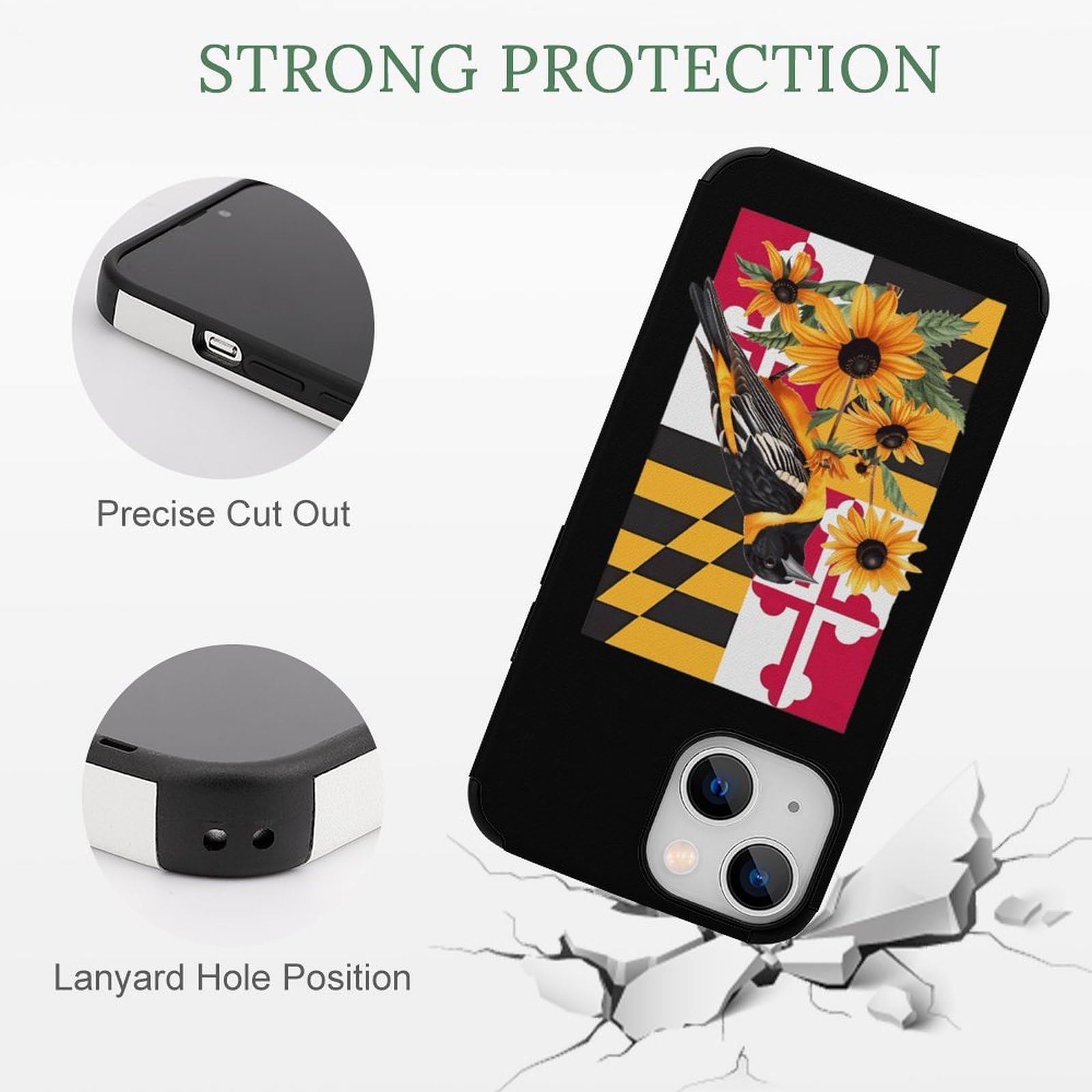 Maryland State Flag iPhone 13 Case - Baltimore Oriole Bird & Black-Eyed Susan Flower Design | Carbon Fiber Shockproof Protective Cover for iPhone 13 Mini/13/13 Pro/13 Pro Max | Perfect for Outdoor Activities & Travel