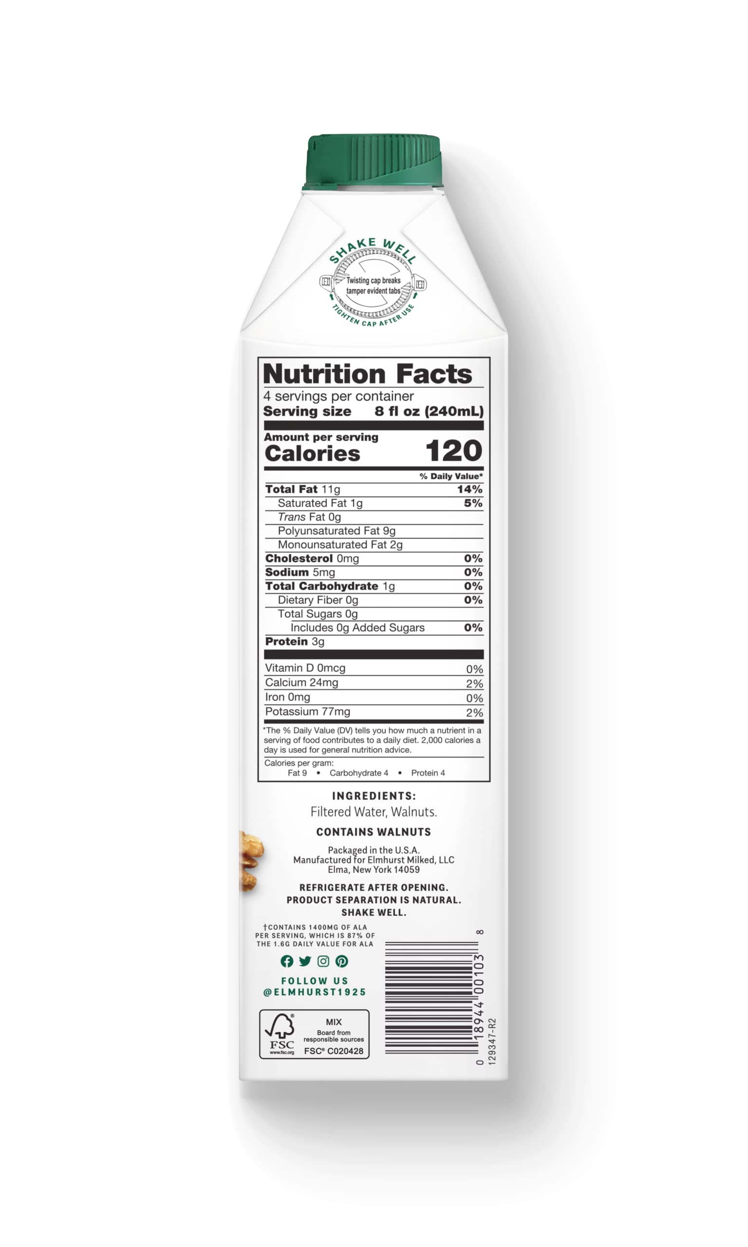 Elmhurst 1925 Unsweetened Walnut Milk - Dairy-Free, Vegan, Plant-Based, 32oz (Pack of 6) | Perfect for Smoothies, Coffee Creamer & Baking | Nutritious Dairy Alternative