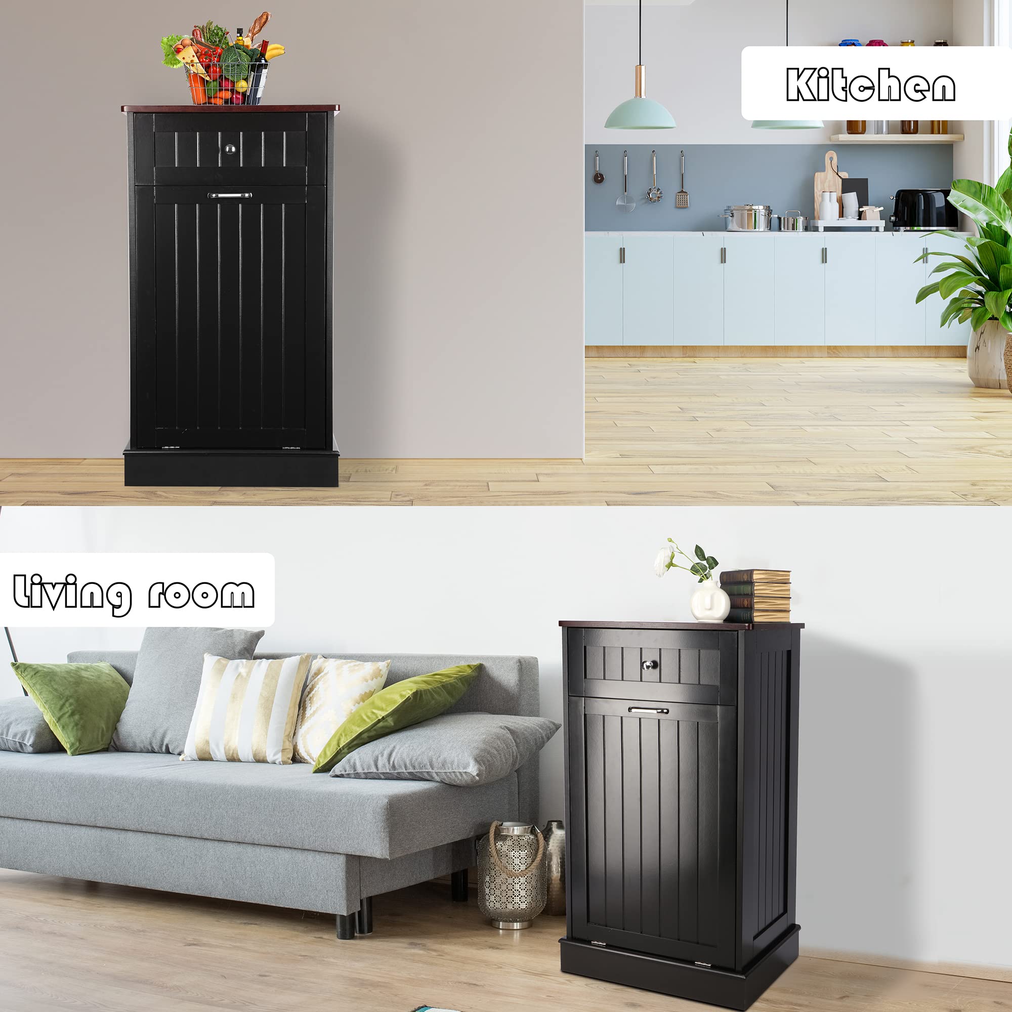 10 Gallon Tilt-Out Trash Cabinet - Free Standing Recycling Bin for Kitchen, Living Room & Dining Room | Farmhouse Style, Black | Perfect for Waste Disposal & Organization
